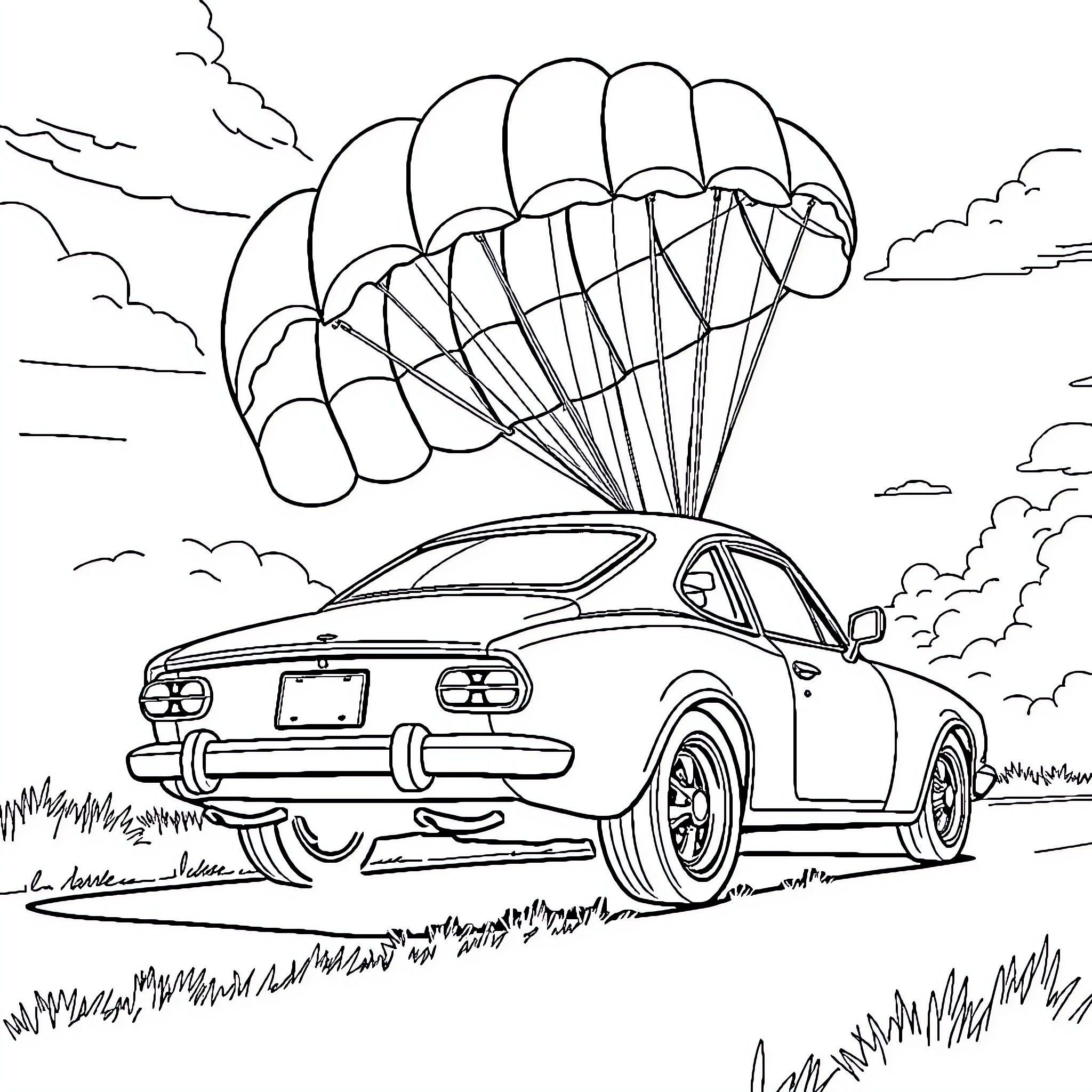 Car parachuting through the sky Coloring Page (free black-and-white line drawing printable PDF for all, from beginners to advanced learners, including children, teens, adults, and seniors)