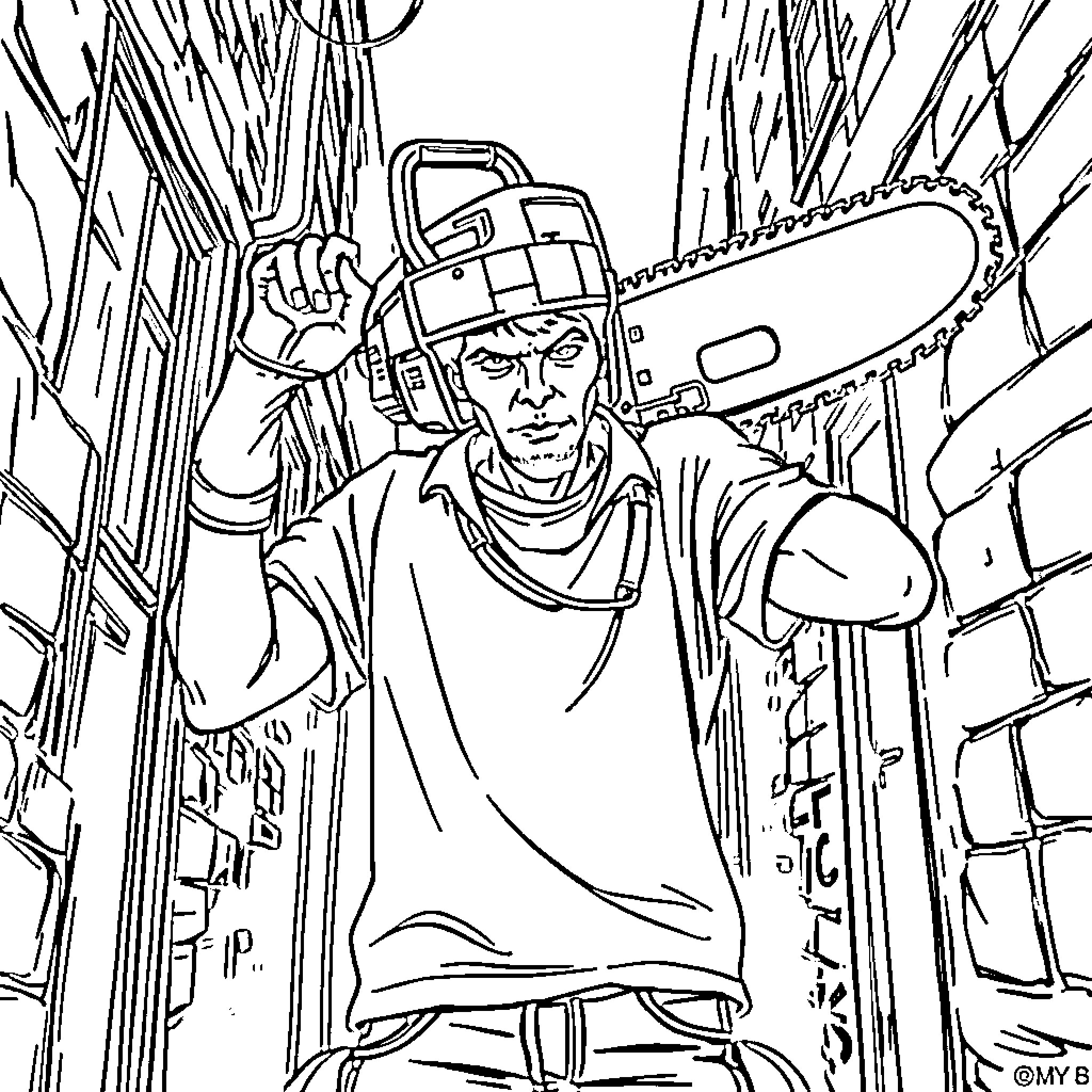 Chainsaw Man in action with a determined expression Coloring Page (free black-and-white line drawing printable PDF for all, from beginners to advanced learners, including children, teens, adults, and seniors)