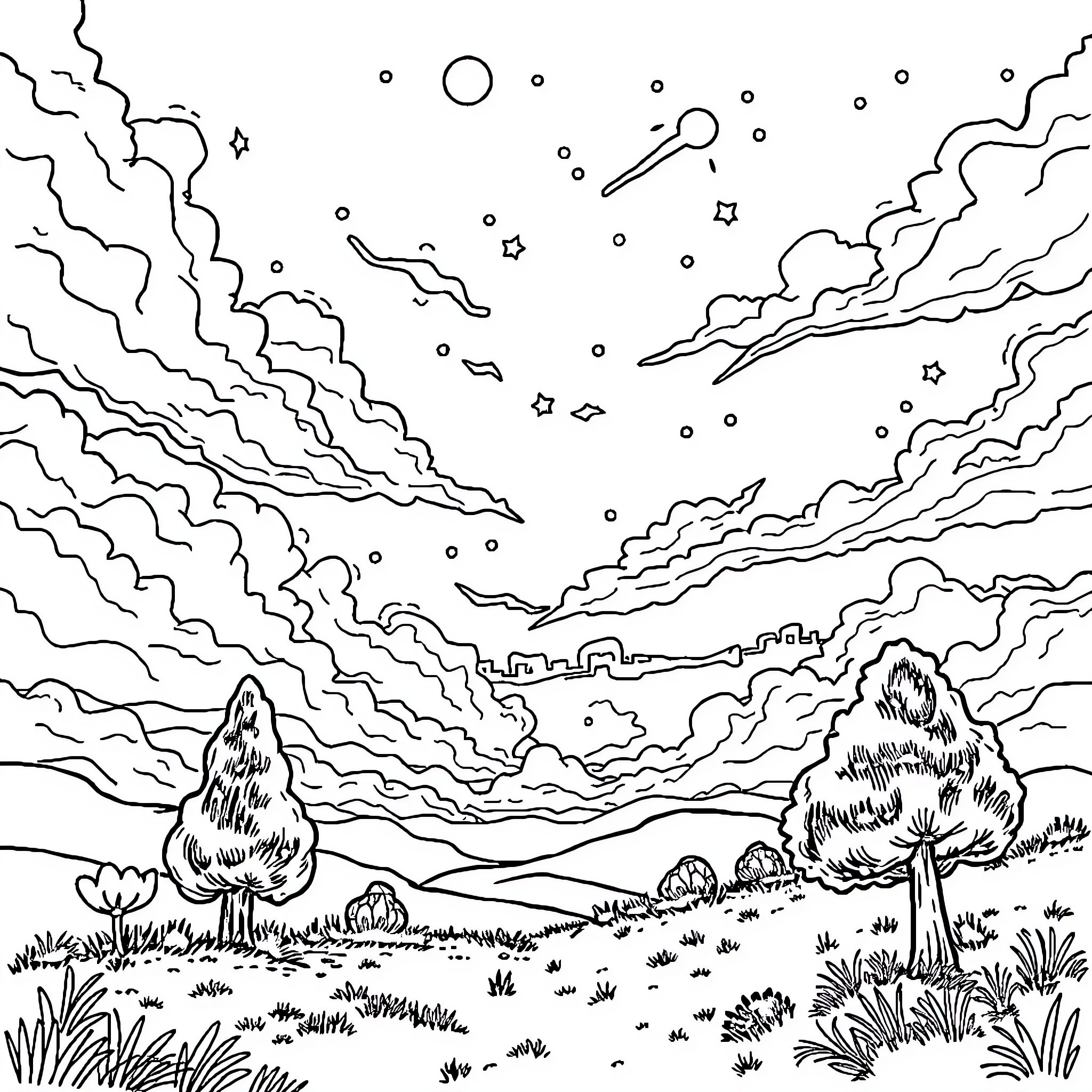 Sky filled with clouds and stars in a serene landscape Coloring Page (free black-and-white line drawing printable PDF for all, from beginners to advanced learners, including children, teens, adults, and seniors)