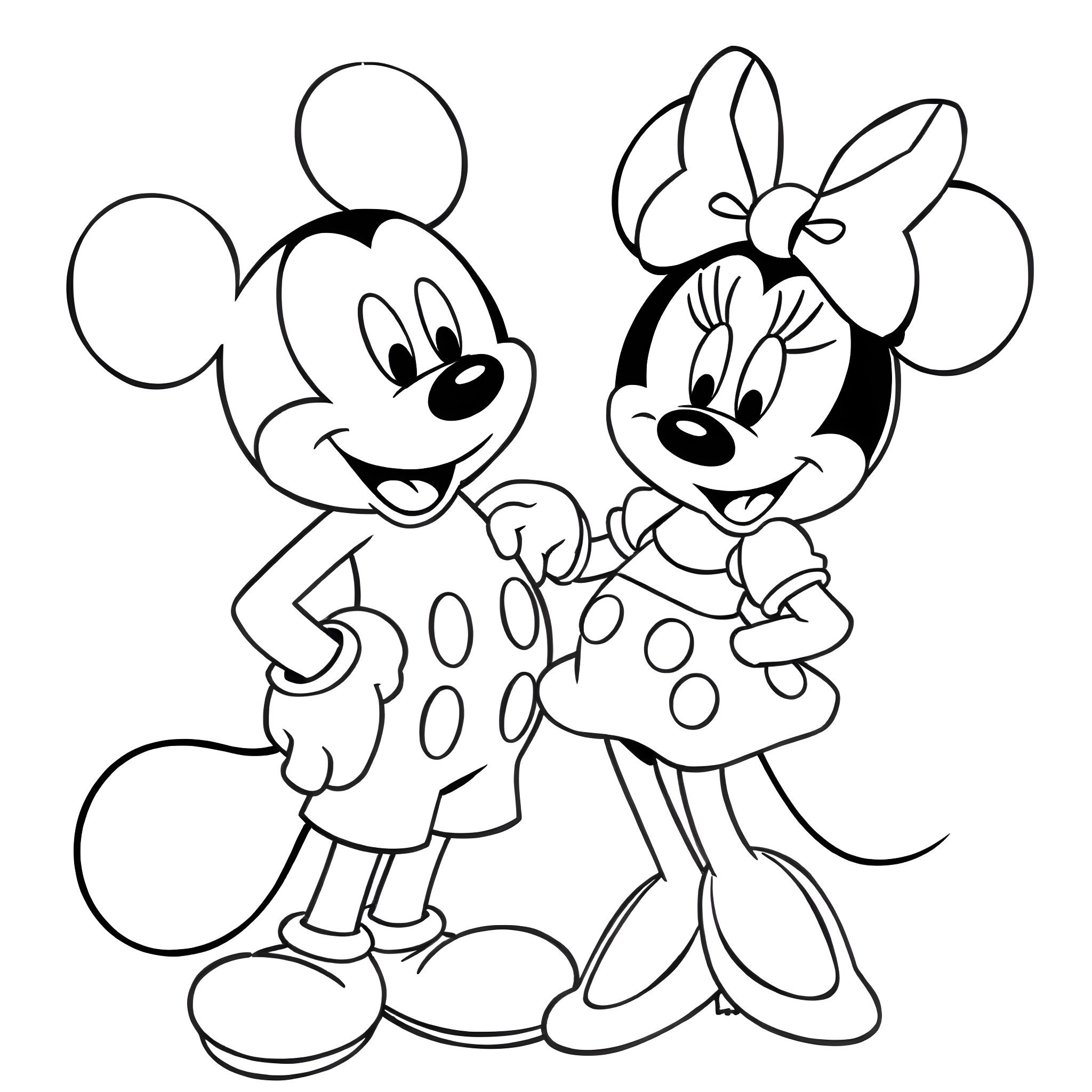 Mickey Mouse and Minnie Mouse in Cartoon Outfits Coloring Page (free black-and-white line drawing printable PDF for all, from beginners to advanced learners, including children, teens, adults, and seniors)