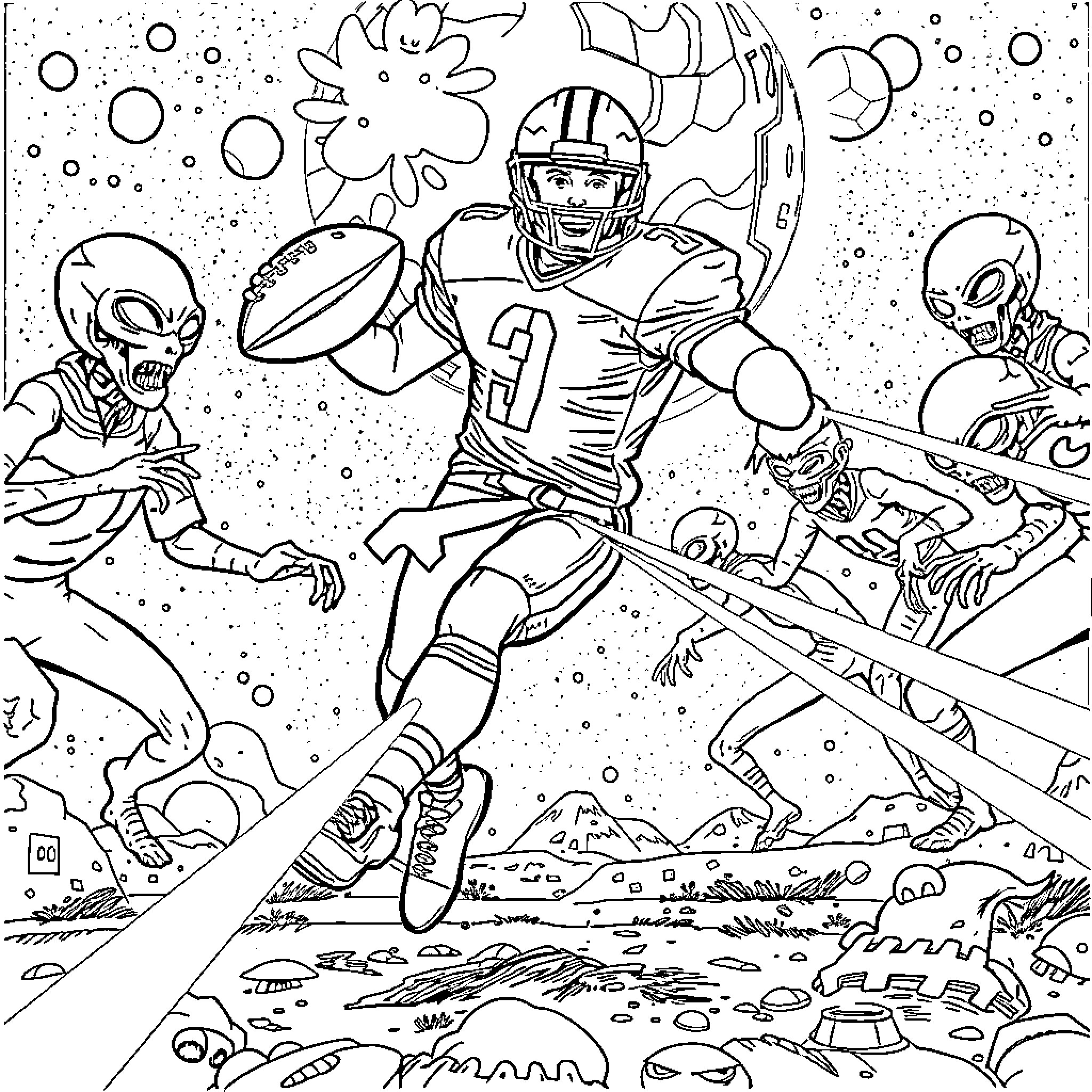 Footballer battling alien opponents in an extraterrestrial scene Coloring Page (free black-and-white line drawing printable PDF for all, from beginners to advanced learners, including children, teens, adults, and seniors)