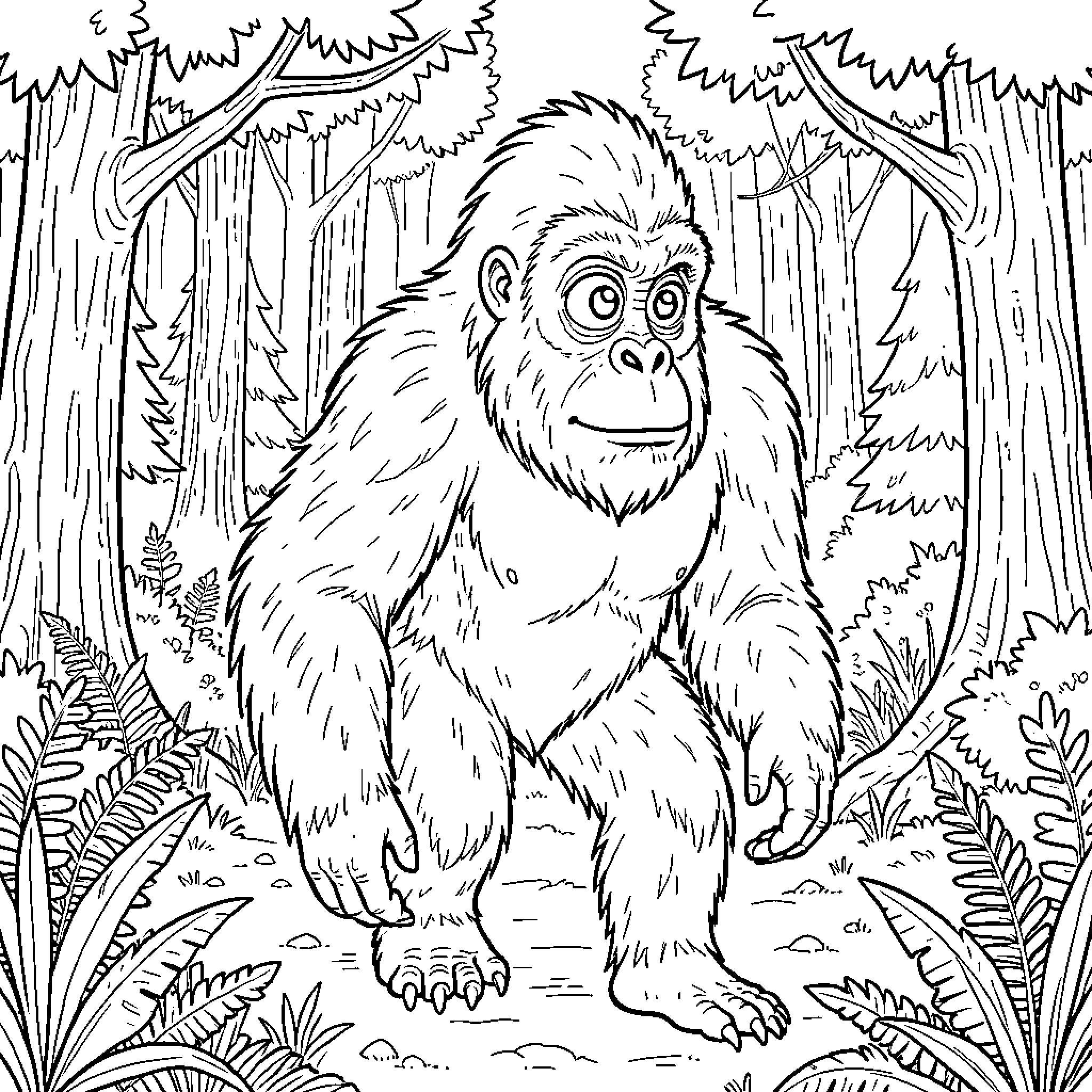 Sasquatch exploring the lush forest Coloring Page (free black-and-white line drawing printable PDF for all, from beginners to advanced learners, including children, teens, adults, and seniors)