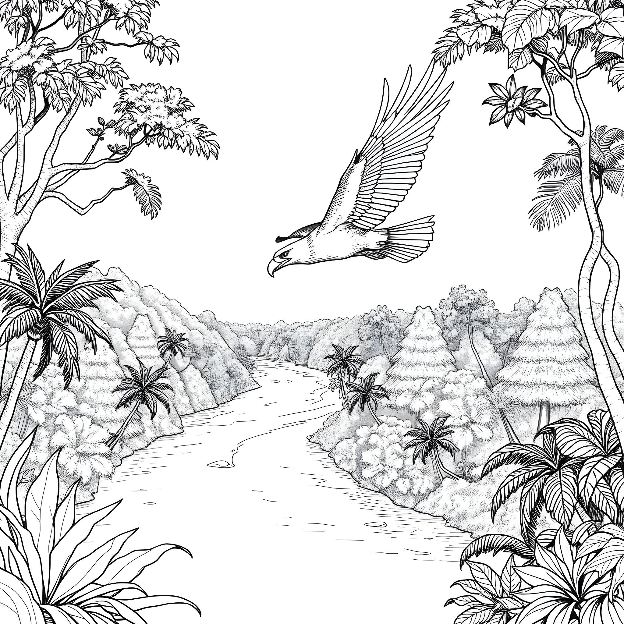 Eagle soaring gracefully over lush tropical landscape Coloring Page (free black-and-white line drawing printable PDF for all, from beginners to advanced learners, including children, teens, adults, and seniors)