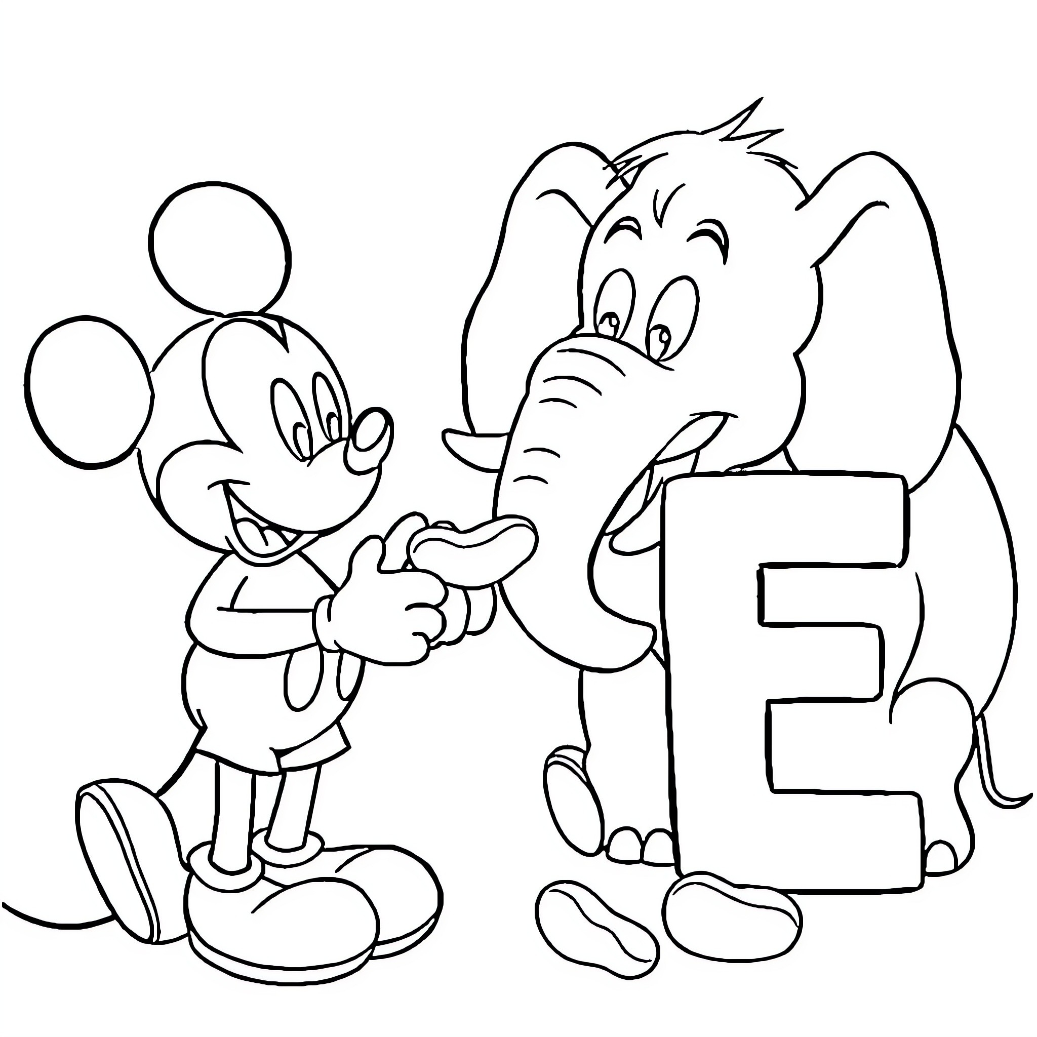 Mickey Learns the Alphabet with Elephant Friend Coloring Page (free black-and-white line drawing printable PDF for all, from beginners to advanced learners, including children, teens, adults, and seniors)