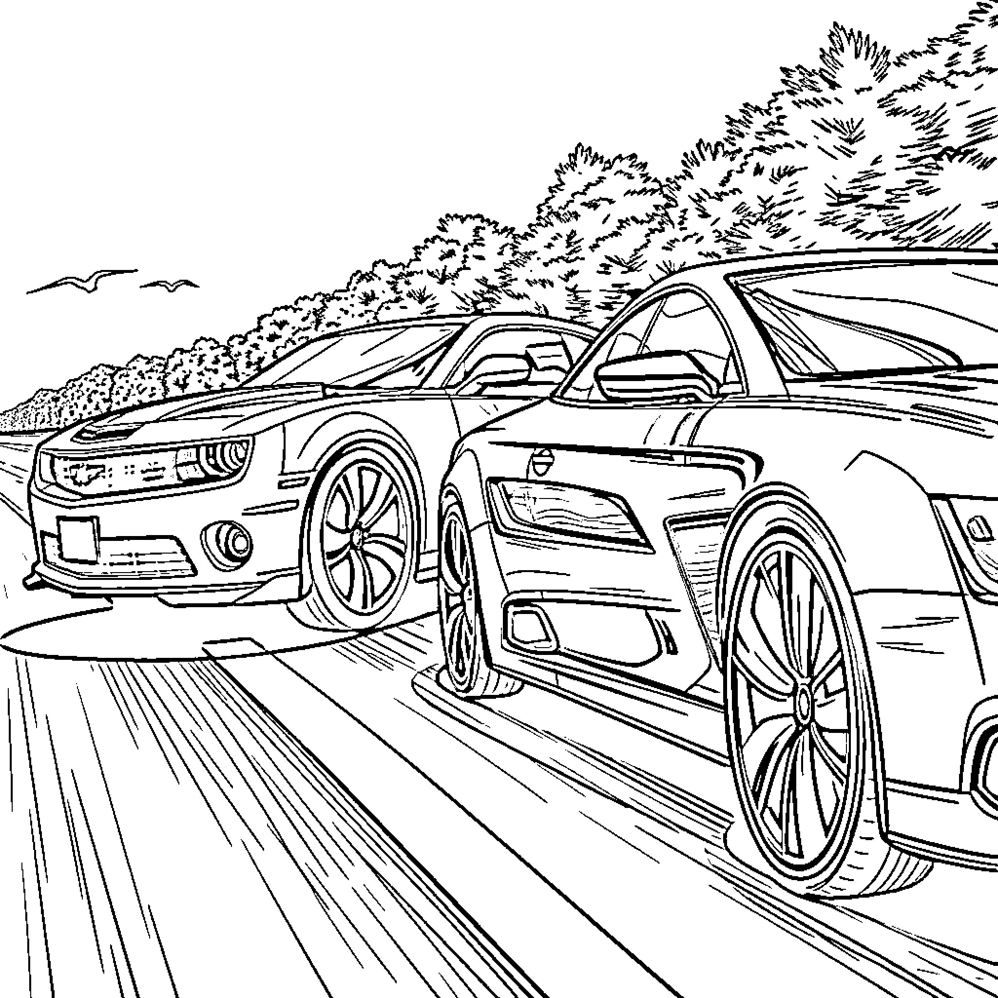 Car speeding through scenic countryside landscape Coloring Page (free black-and-white line drawing printable PDF for all, from beginners to advanced learners, including children, teens, adults, and seniors)
