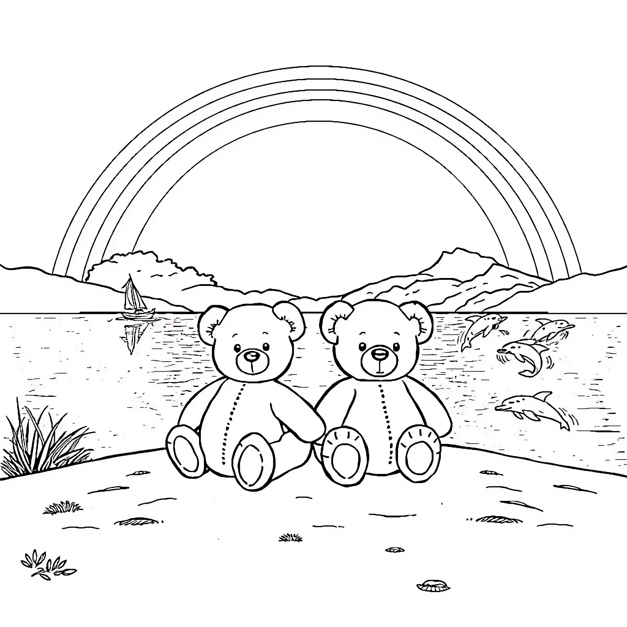 Teddy Bears Enjoy Scenic Beachfront Rainbow Coloring Page (free black-and-white line drawing printable PDF for all, from beginners to advanced learners, including children, teens, adults, and seniors)