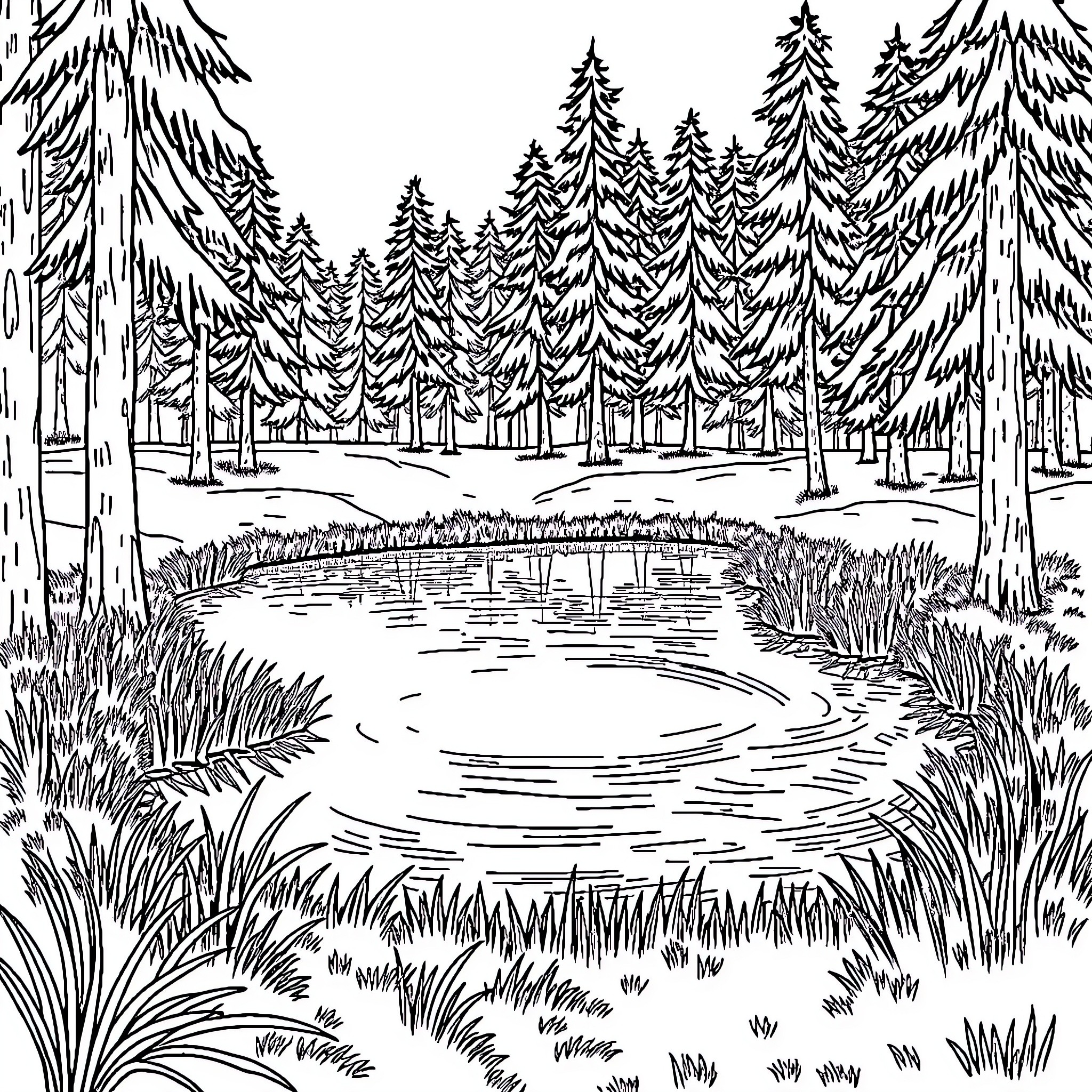 Pond in the Serene Forest Coloring Page (free black-and-white line drawing printable PDF for all, from beginners to advanced learners, including children, teens, adults, and seniors)