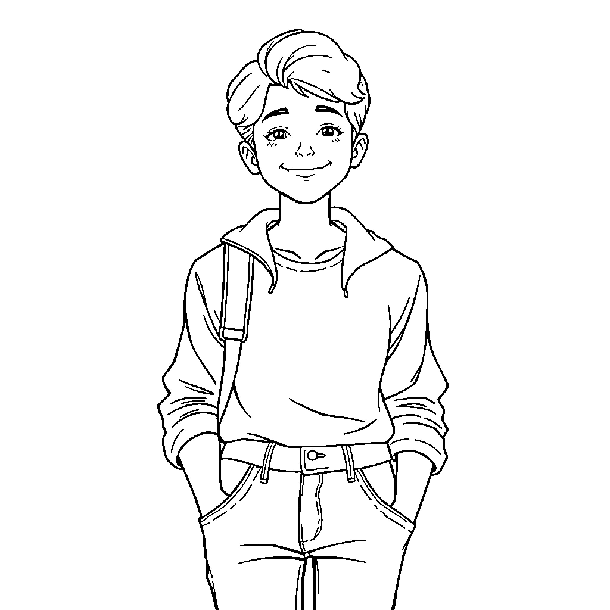 Me smiling and standing casually in casual outfit Coloring Page (free black-and-white line drawing printable PDF for all, from beginners to advanced learners, including children, teens, adults, and seniors)