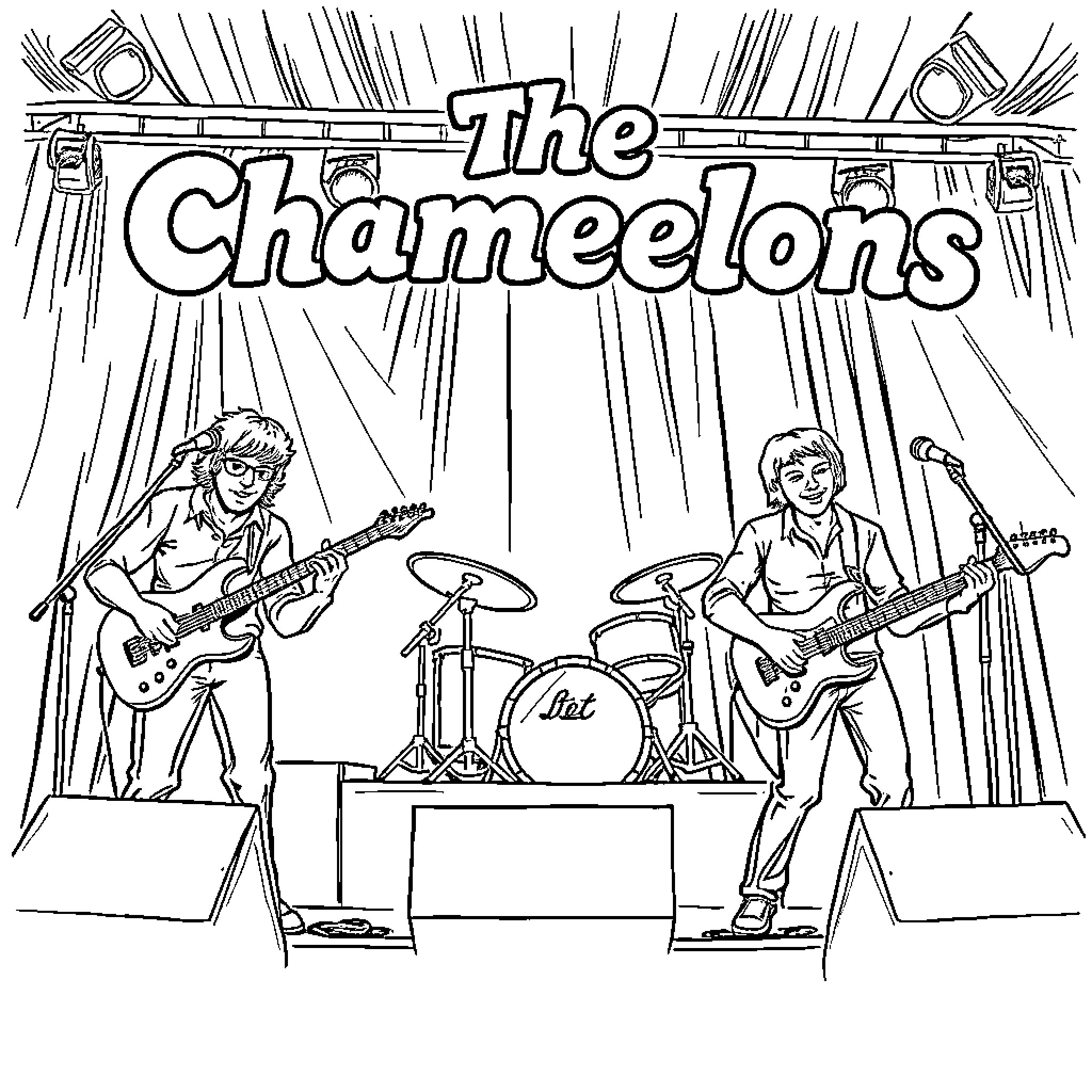 Chameleon Musicians Performing on Stage Coloring Page (free black-and-white line drawing printable PDF for all, from beginners to advanced learners, including children, teens, adults, and seniors)