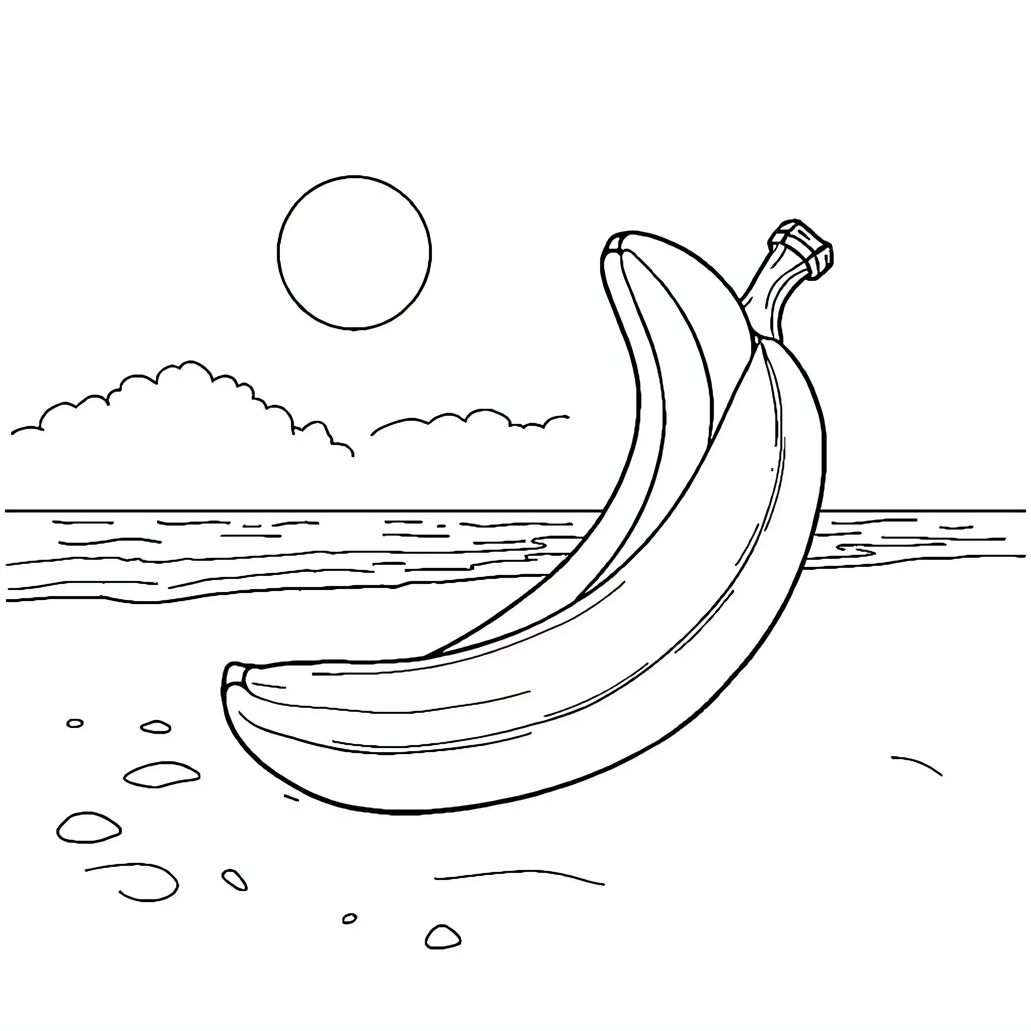 Banana floating on the ocean with clouds Coloring Page (free black-and-white line drawing printable PDF for all, from beginners to advanced learners, including children, teens, adults, and seniors)