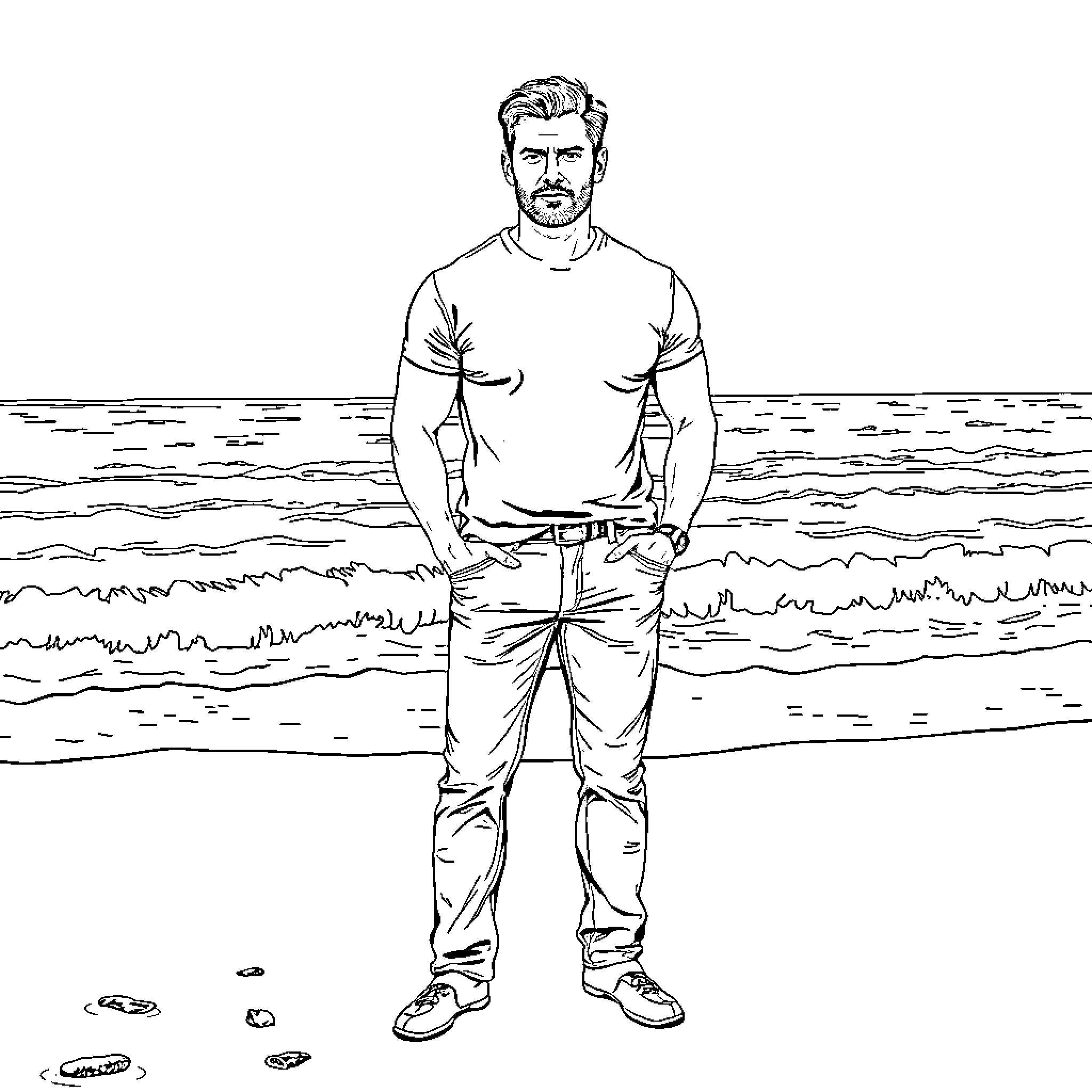 Henry Cavill standing on the beach Coloring Page (free black-and-white line drawing printable PDF for all, from beginners to advanced learners, including children, teens, adults, and seniors)