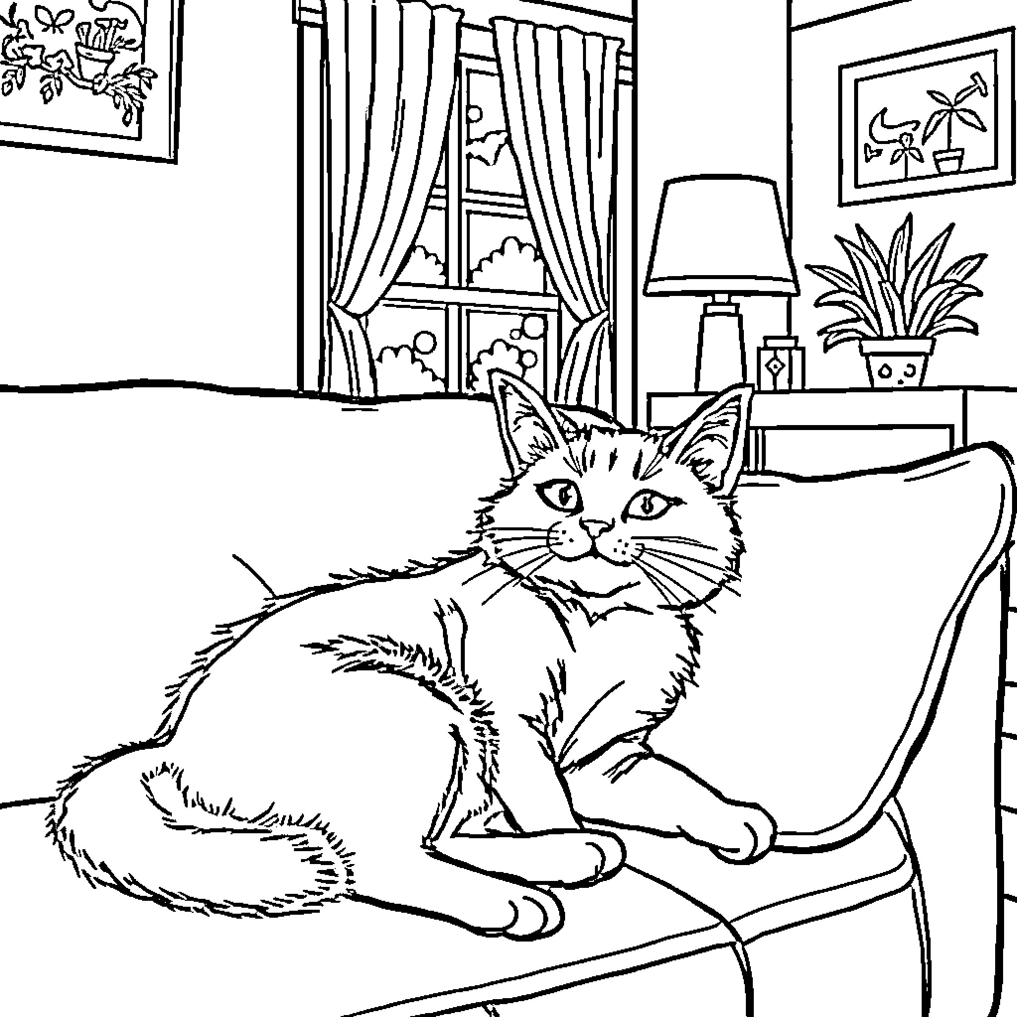 Cat relaxing on the sofa in a cozy room Coloring Page (free black-and-white line drawing printable PDF for all, from beginners to advanced learners, including children, teens, adults, and seniors)