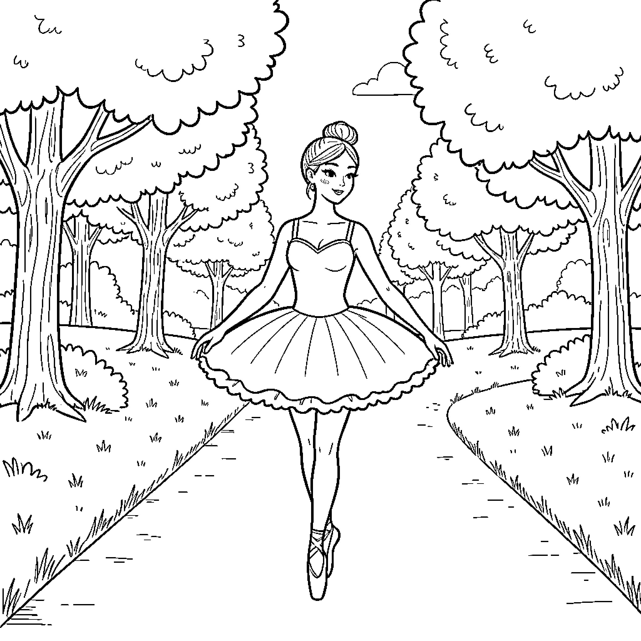 Ballerina gracefully dancing in a forest setting Coloring Page (free black-and-white line drawing printable PDF for all, from beginners to advanced learners, including children, teens, adults, and seniors)