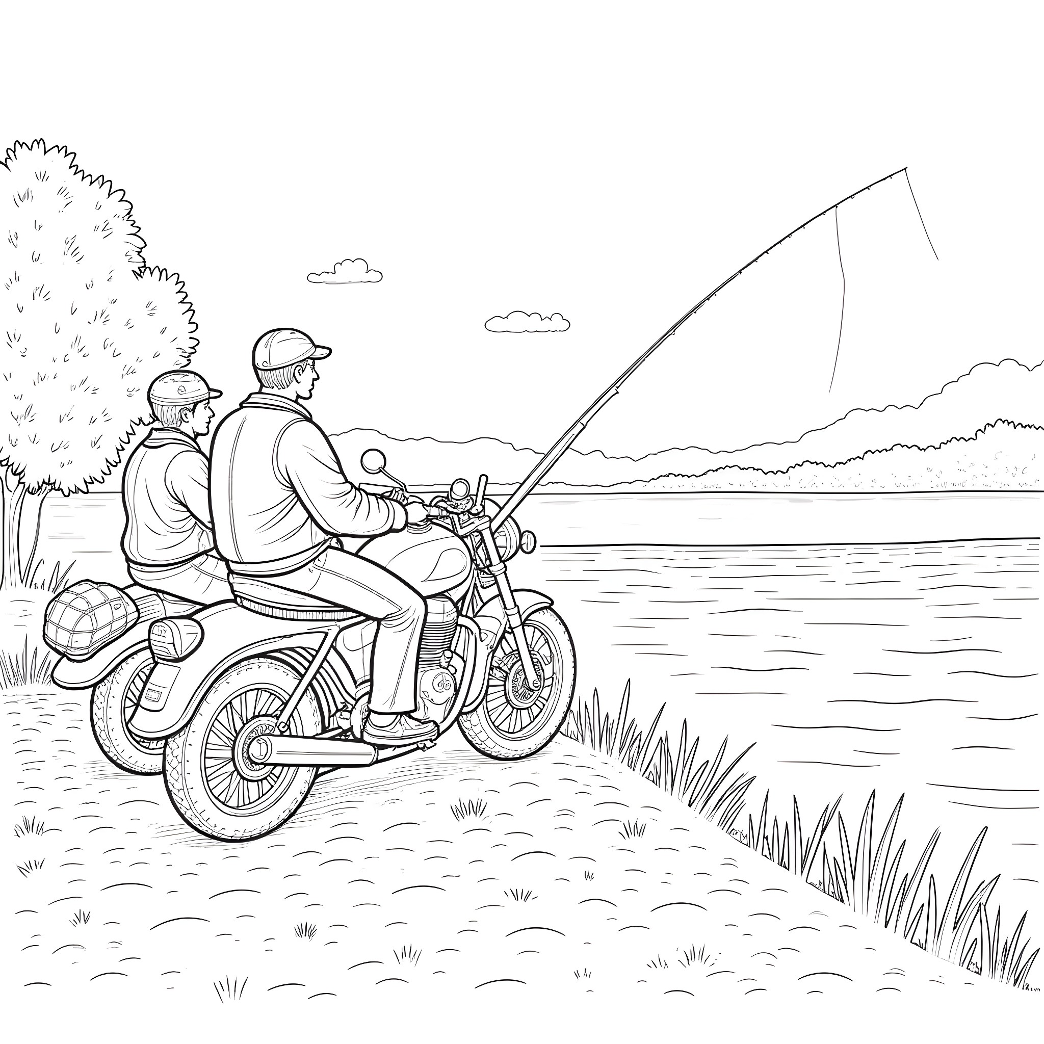 Motorcycle riders enjoying scenic lakeside journey Coloring Page (free black-and-white line drawing printable PDF for all, from beginners to advanced learners, including children, teens, adults, and seniors)