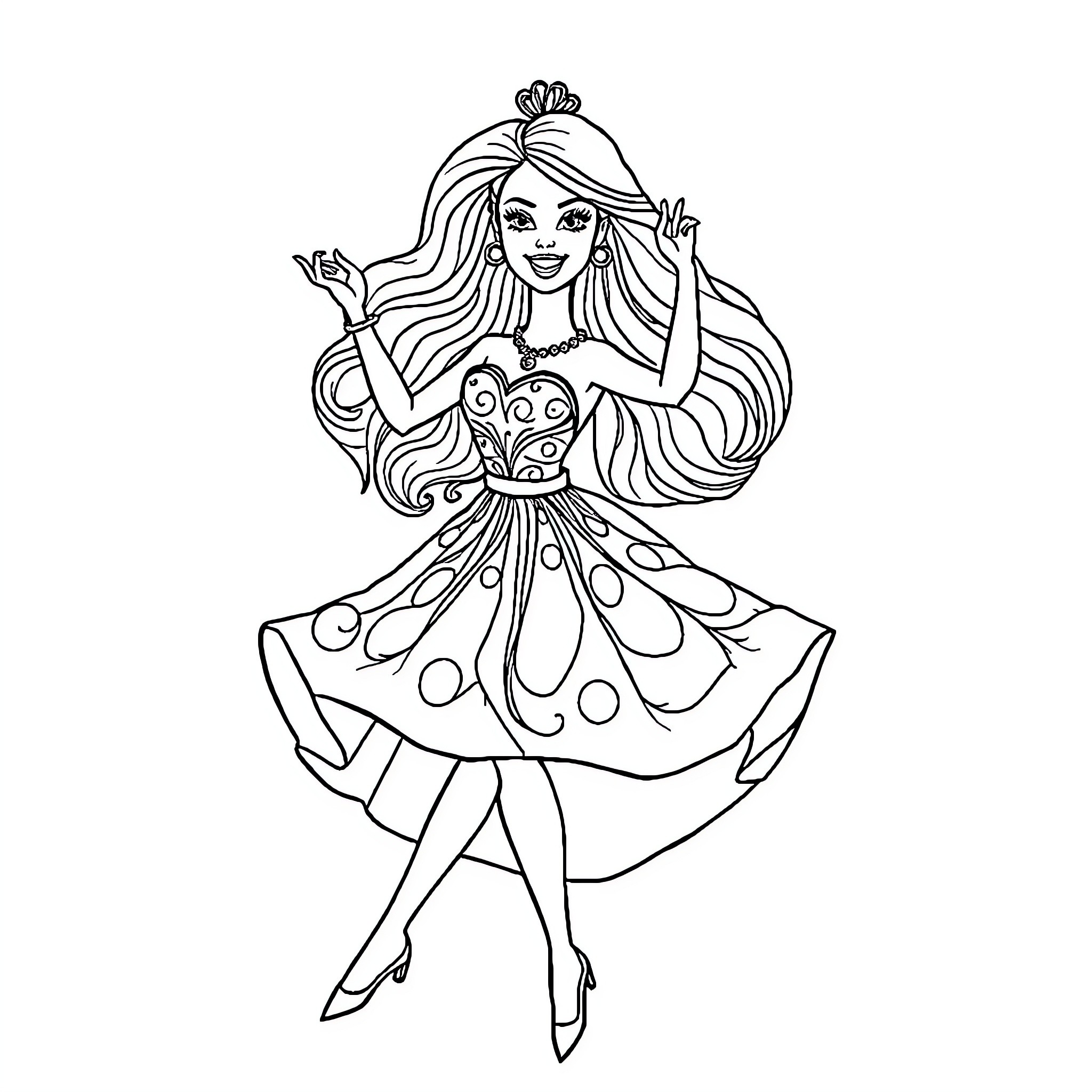 Barbie dancing in a fancy dress Coloring Page (free black-and-white line drawing printable PDF for all, from beginners to advanced learners, including children, teens, adults, and seniors)