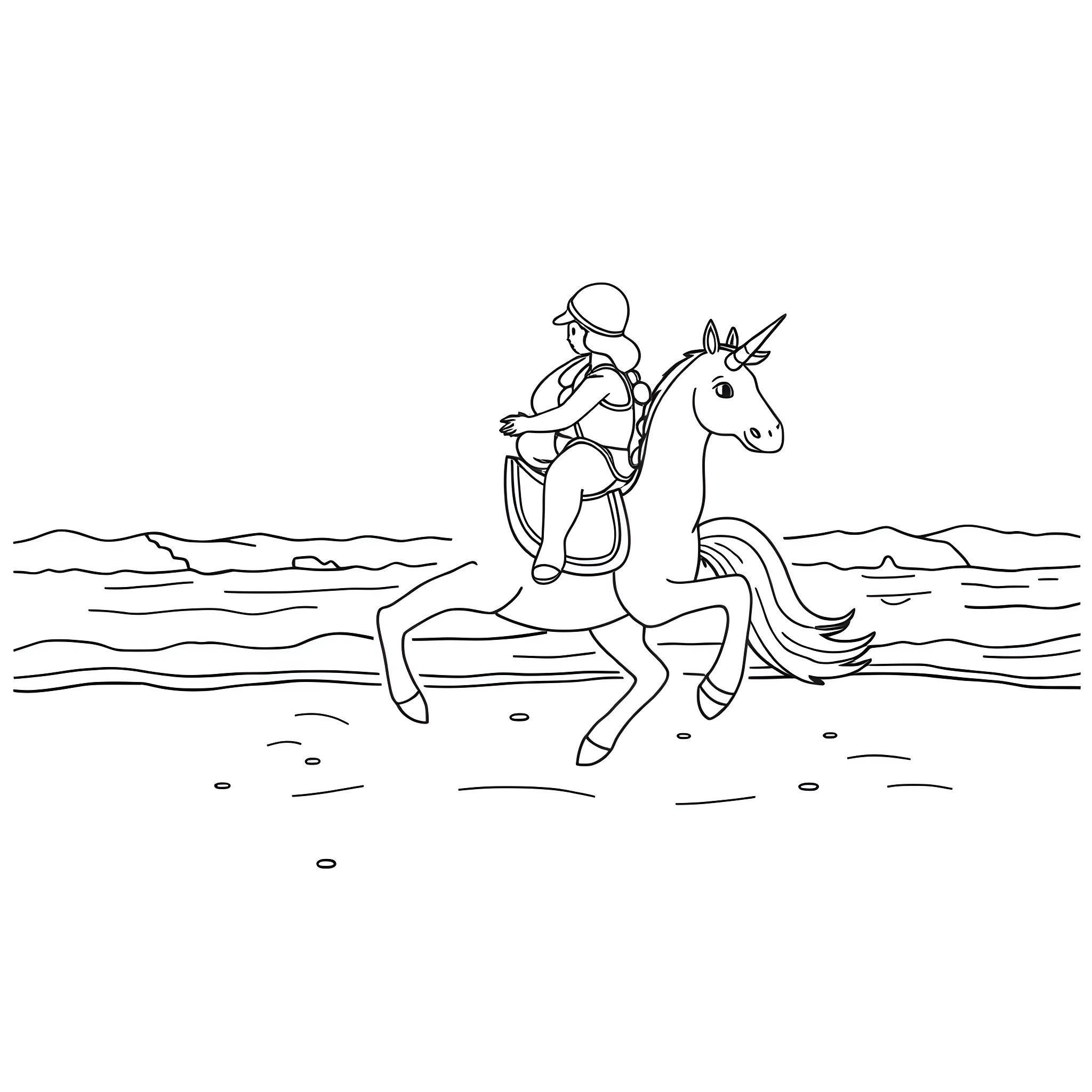 Turtle riding a unicorn on the beach Coloring Page (free black-and-white line drawing printable PDF for all, from beginners to advanced learners, including children, teens, adults, and seniors)