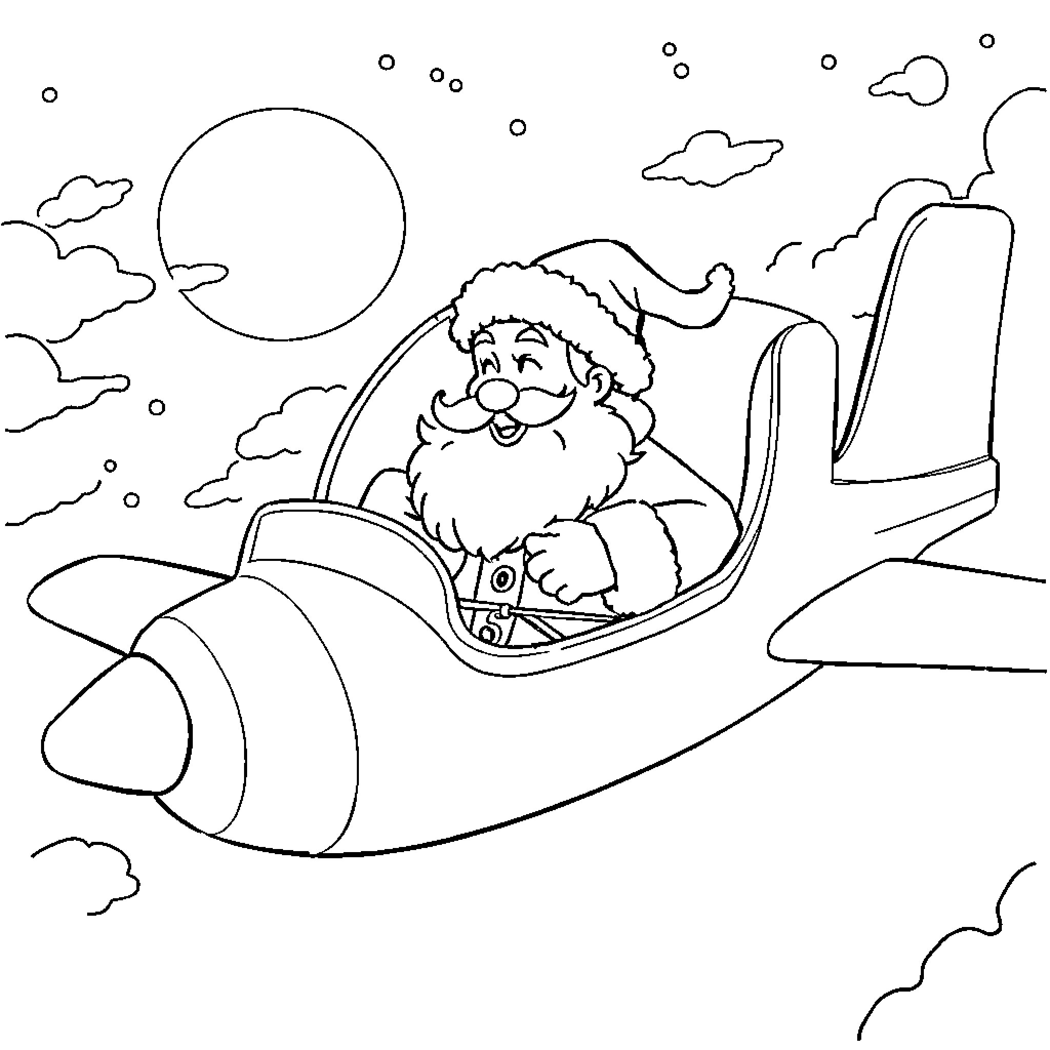 Santa Claus flying in an airplane over the snowy landscape Coloring Page (free black-and-white line drawing printable PDF for all, from beginners to advanced learners, including children, teens, adults, and seniors)