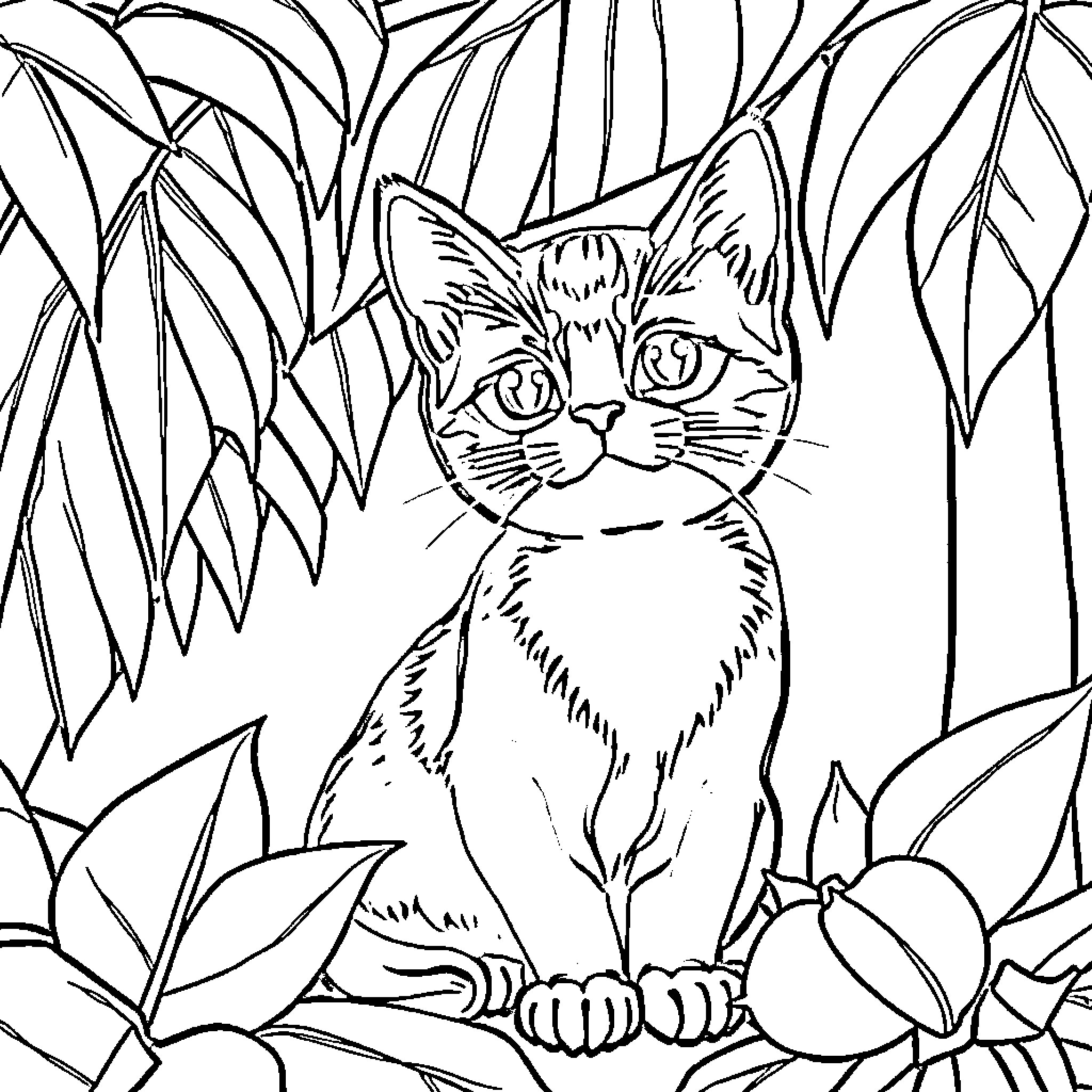 Cat exploring nature's foliage Coloring Page (free black-and-white line drawing printable PDF for all, from beginners to advanced learners, including children, teens, adults, and seniors)