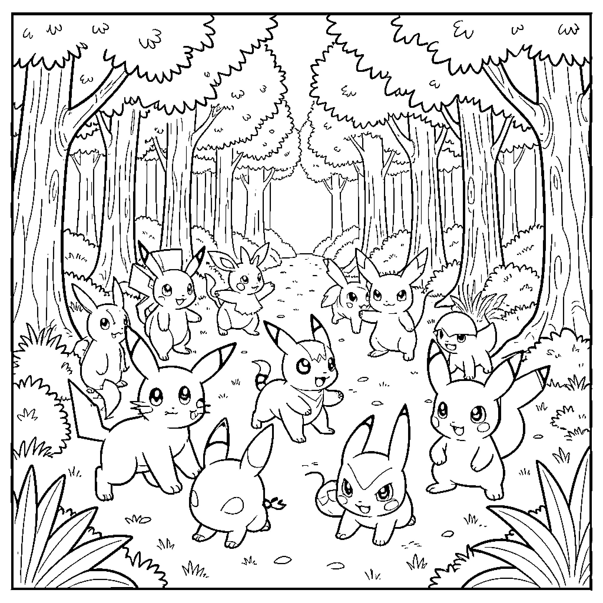 Pokémon playing together in a dense forest Coloring Page (free black-and-white line drawing printable PDF for all, from beginners to advanced learners, including children, teens, adults, and seniors)