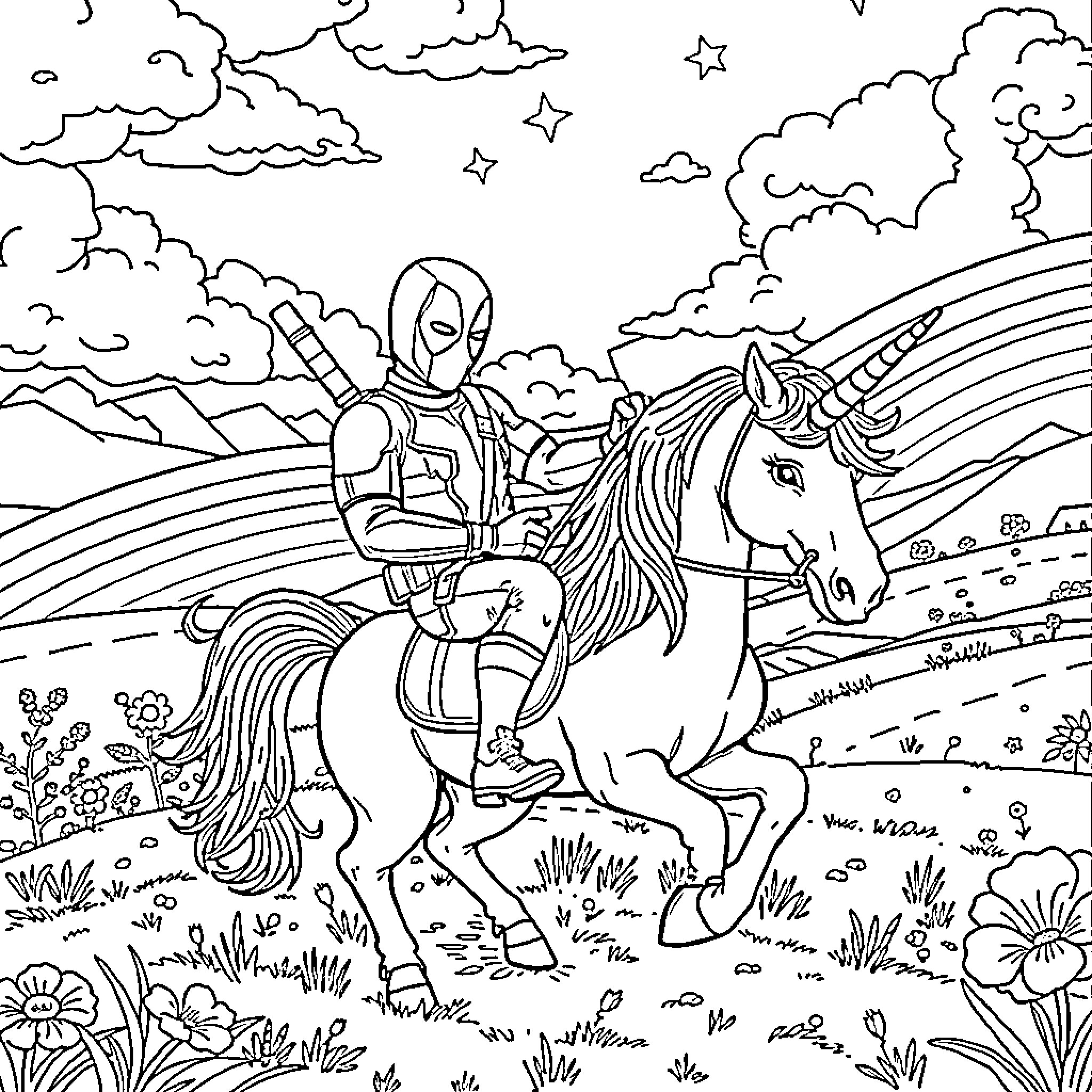 Deadpool riding a unicorn through a magical landscape Coloring Page (free black-and-white line drawing printable PDF for all, from beginners to advanced learners, including children, teens, adults, and seniors)