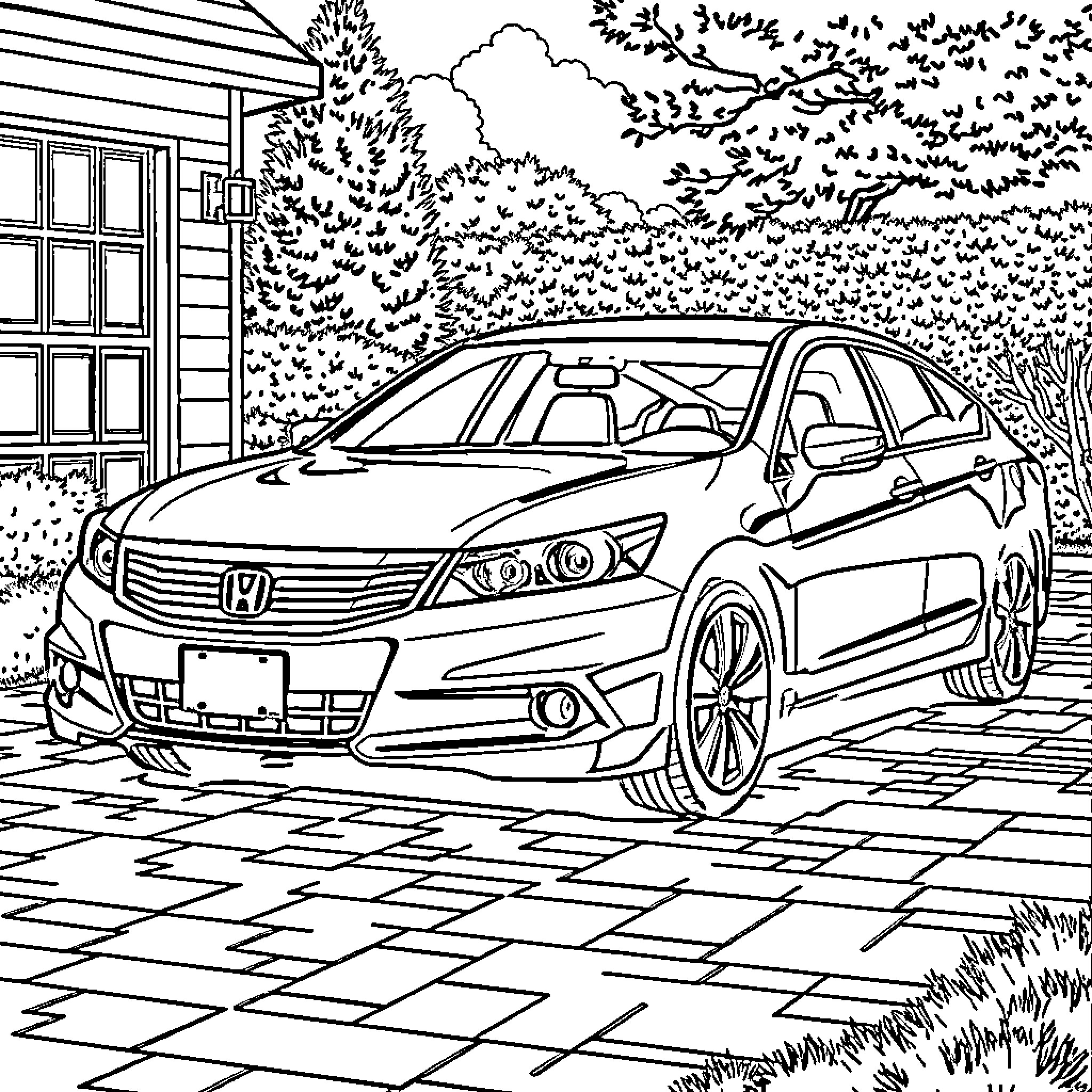 Honda Accord parked in a suburban scene Coloring Page (free black-and-white line drawing printable PDF for all, from beginners to advanced learners, including children, teens, adults, and seniors)