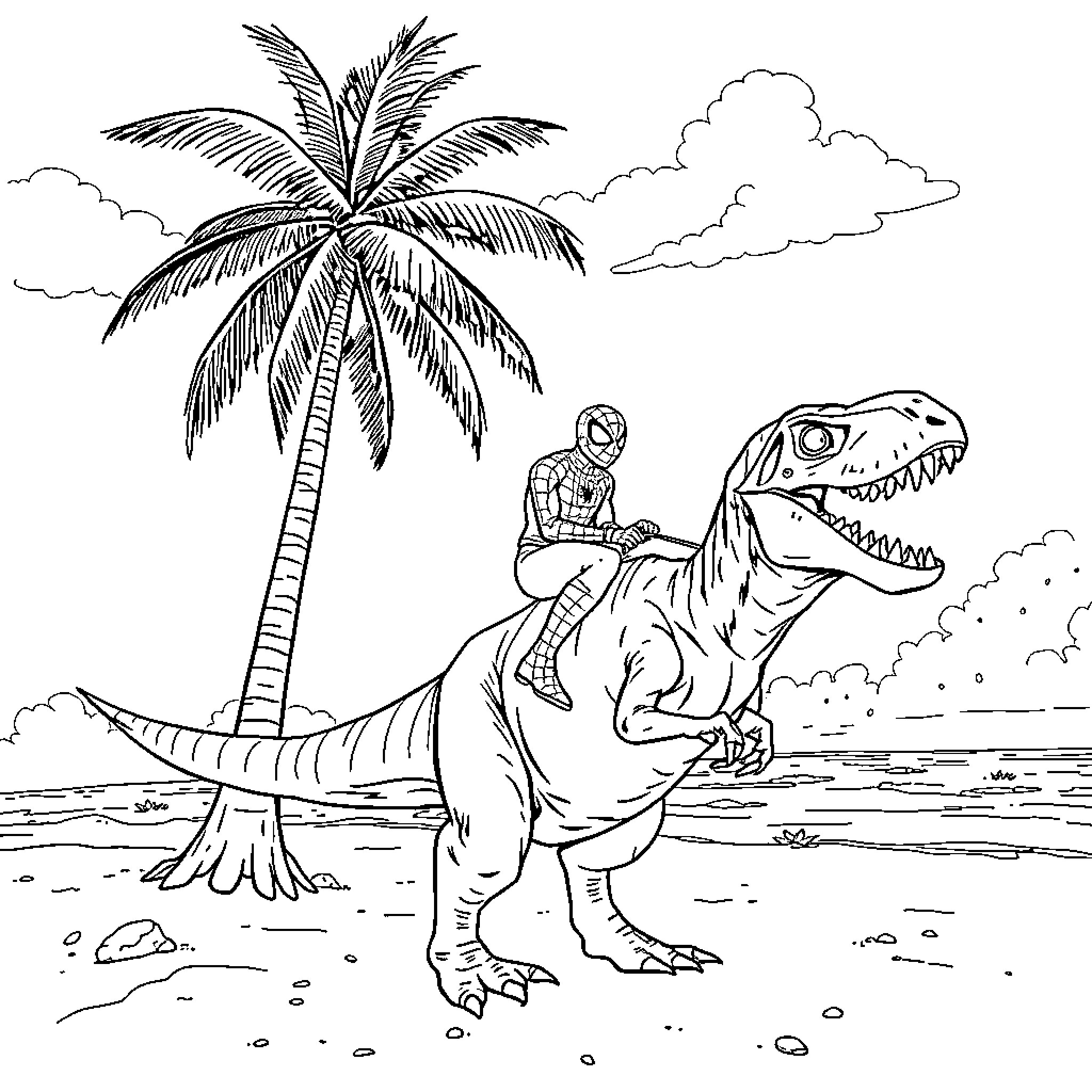 Spiderman explores a prehistoric world with dinosaurs Coloring Page (free black-and-white line drawing printable PDF for all, from beginners to advanced learners, including children, teens, adults, and seniors)