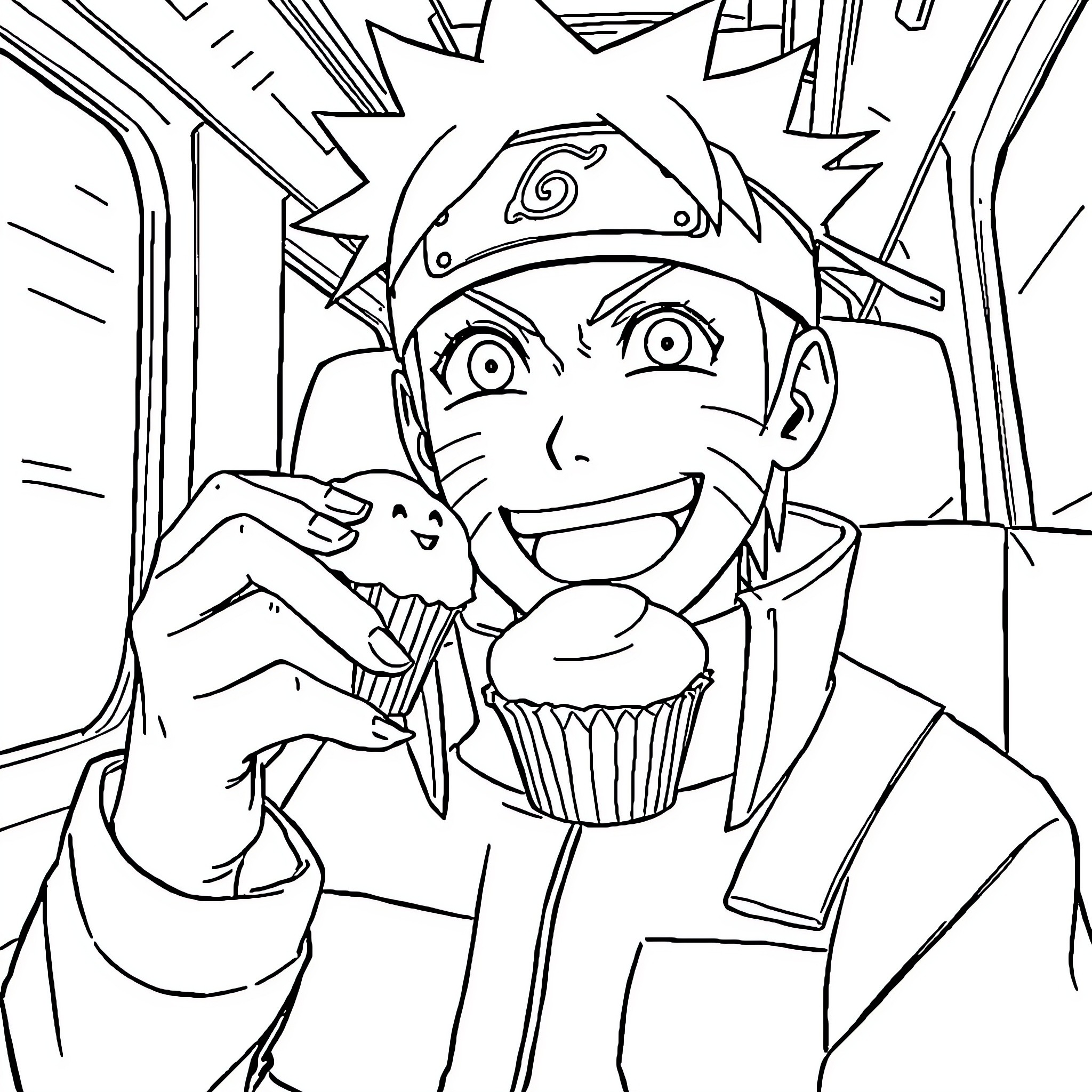 Naruto enjoying a tasty treat in the village Coloring Page (free black-and-white line drawing printable PDF for all, from beginners to advanced learners, including children, teens, adults, and seniors)