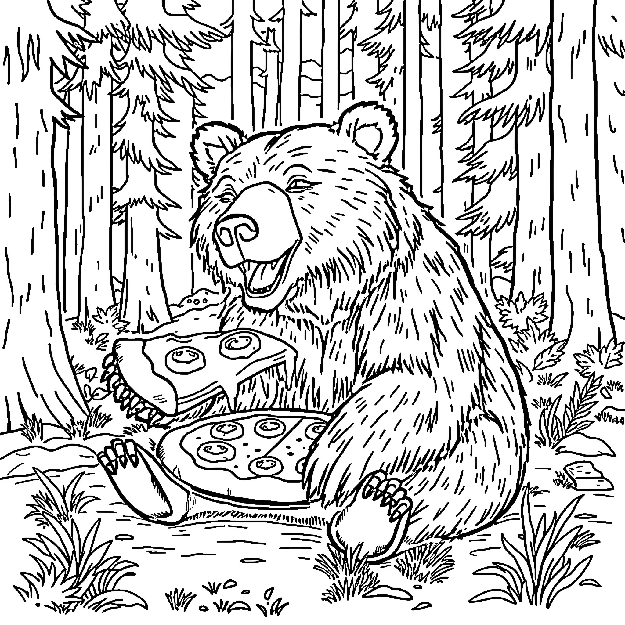 Bear enjoying a picnic in the forest Coloring Page (free black-and-white line drawing printable PDF for all, from beginners to advanced learners, including children, teens, adults, and seniors)