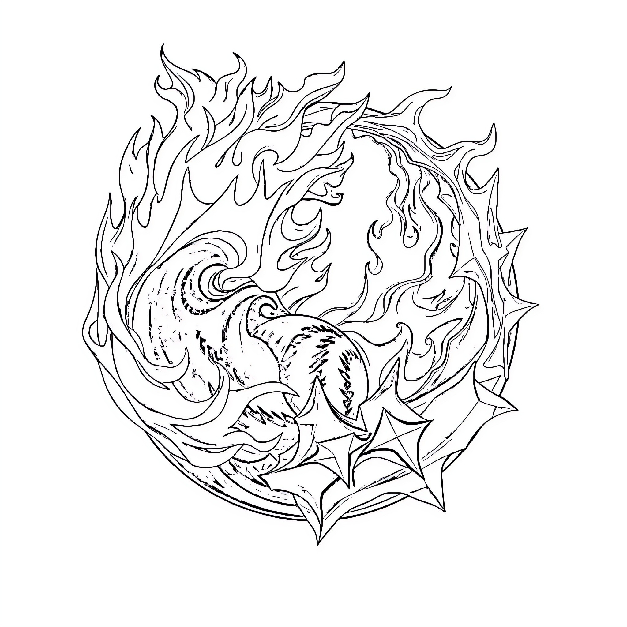 Yin Yang Dancing Creatures of Fire and Ice Coloring Page (free black-and-white line drawing printable PDF for all, from beginners to advanced learners, including children, teens, adults, and seniors)