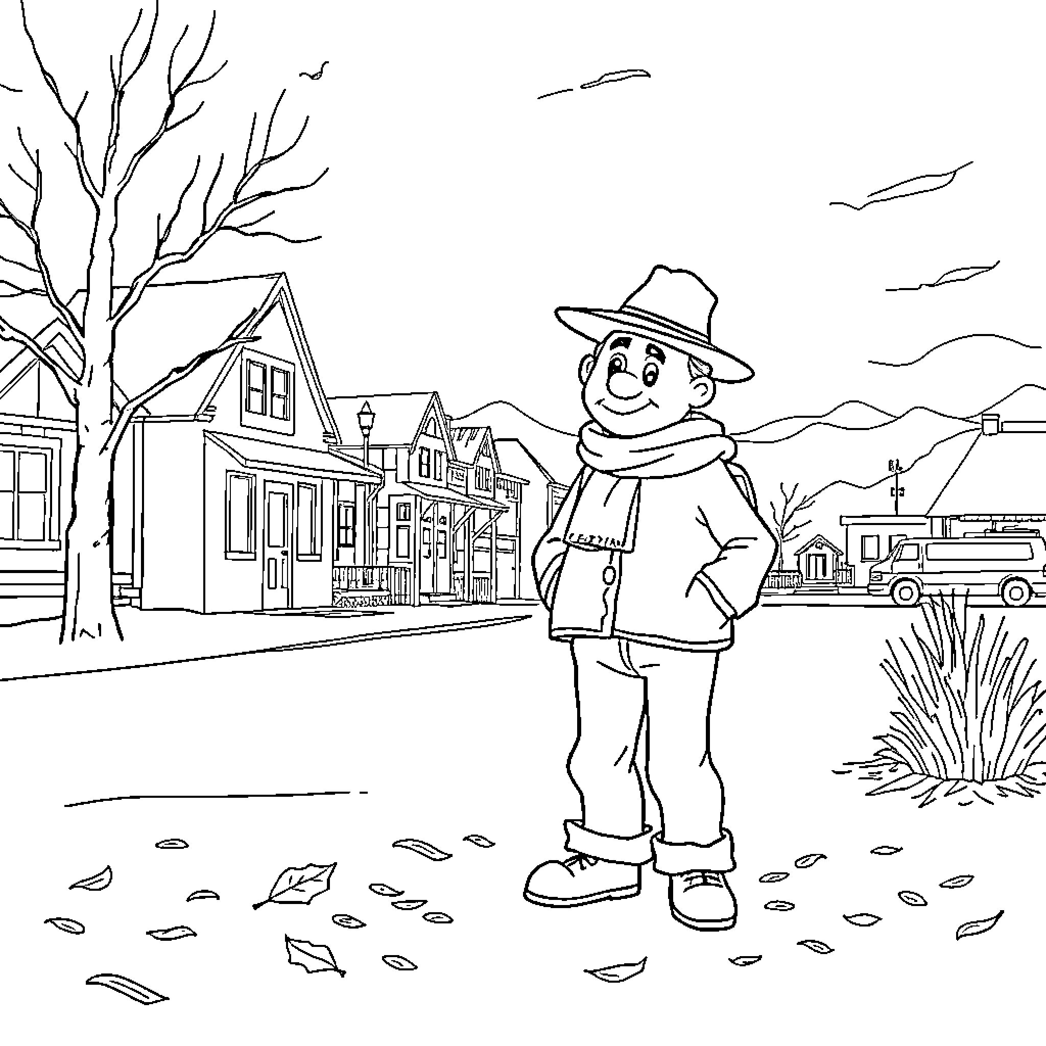 Ernie takes a stroll through the quaint town Coloring Page (free black-and-white line drawing printable PDF for all, from beginners to advanced learners, including children, teens, adults, and seniors)