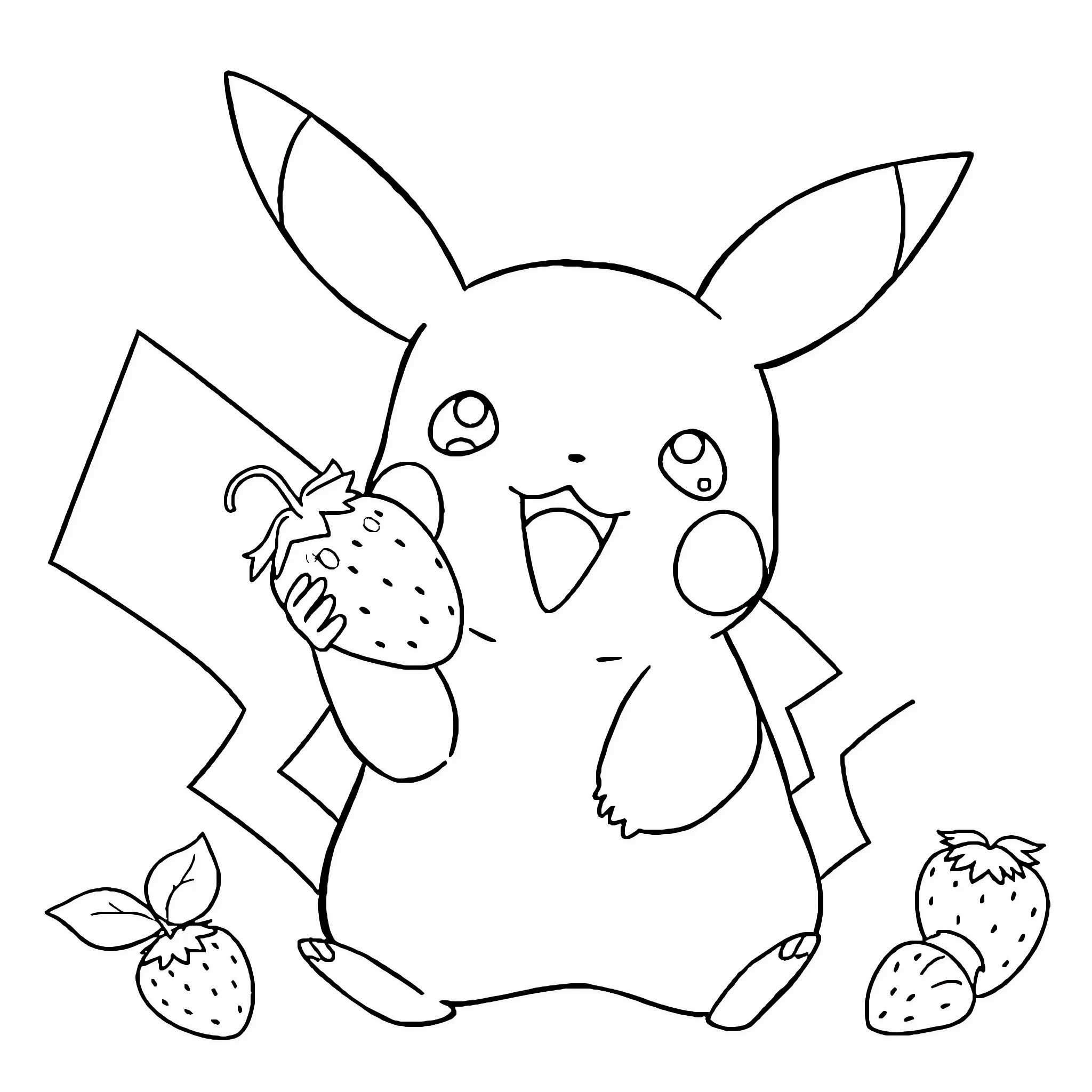 Pikachu playing with strawberries Coloring Page (free black-and-white line drawing printable PDF for all, from beginners to advanced learners, including children, teens, adults, and seniors)