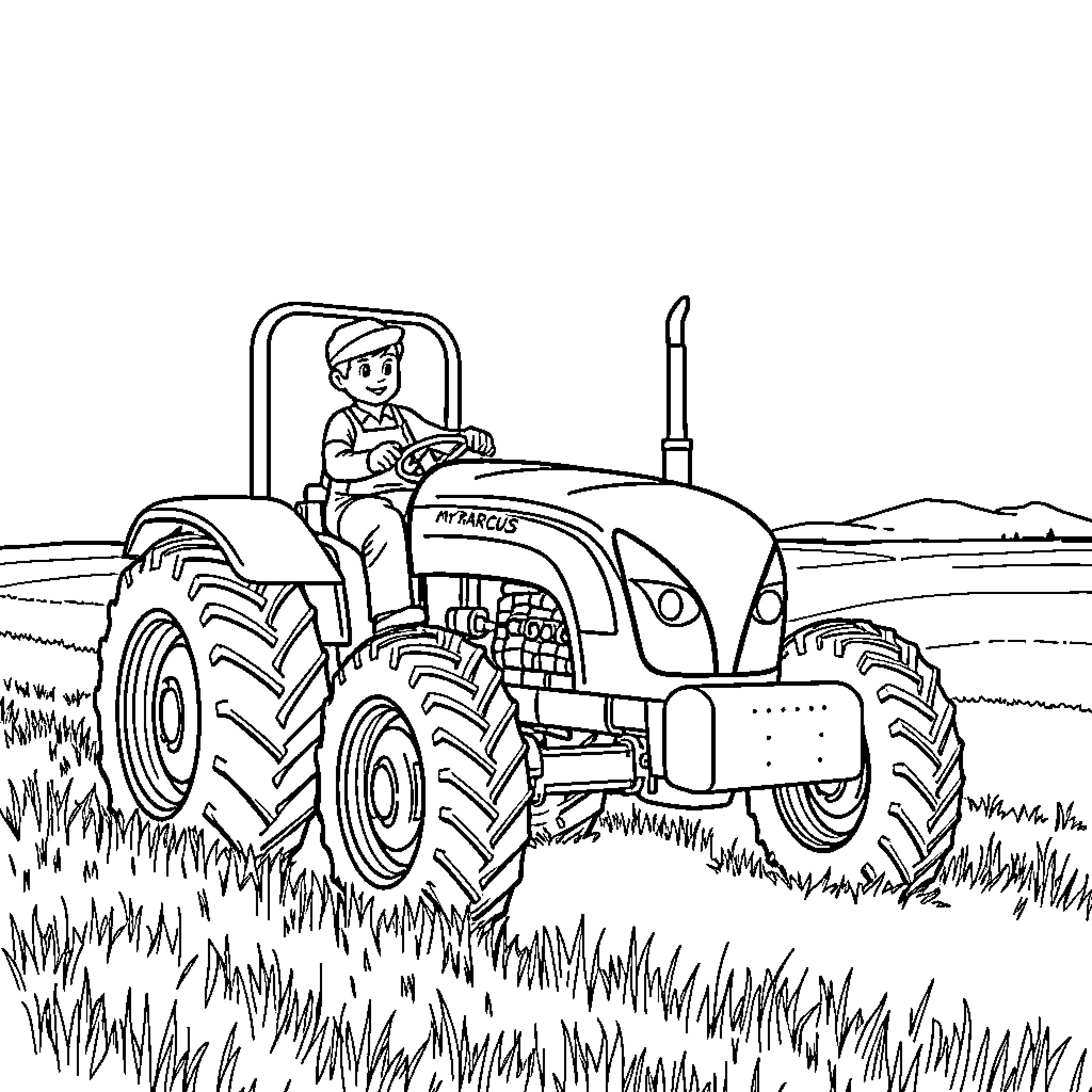 Tractor farmer driving through the countryside Coloring Page (free black-and-white line drawing printable PDF for all, from beginners to advanced learners, including children, teens, adults, and seniors)