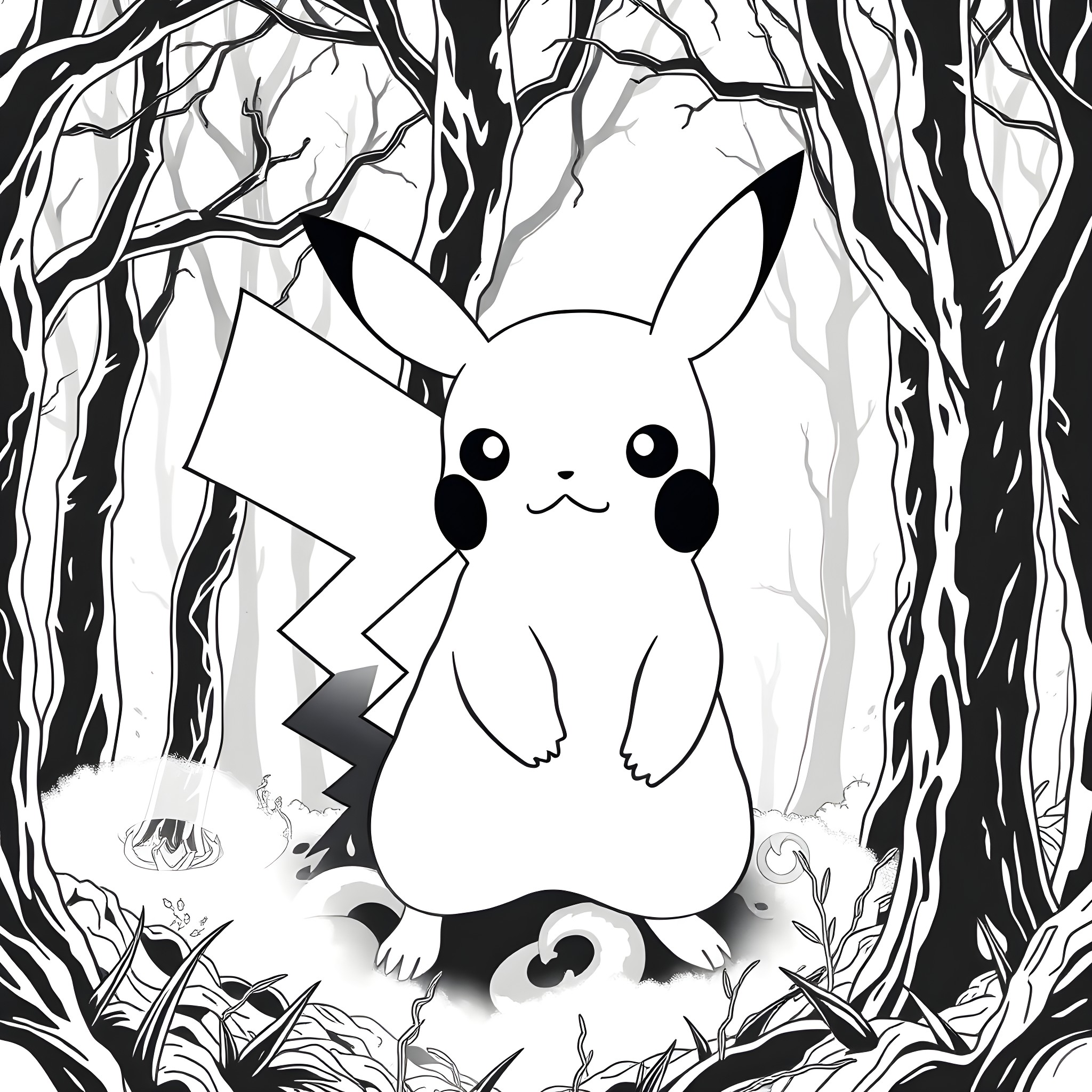 Pikachu exploring the mysterious forest Coloring Page (free black-and-white line drawing printable PDF for all, from beginners to advanced learners, including children, teens, adults, and seniors)
