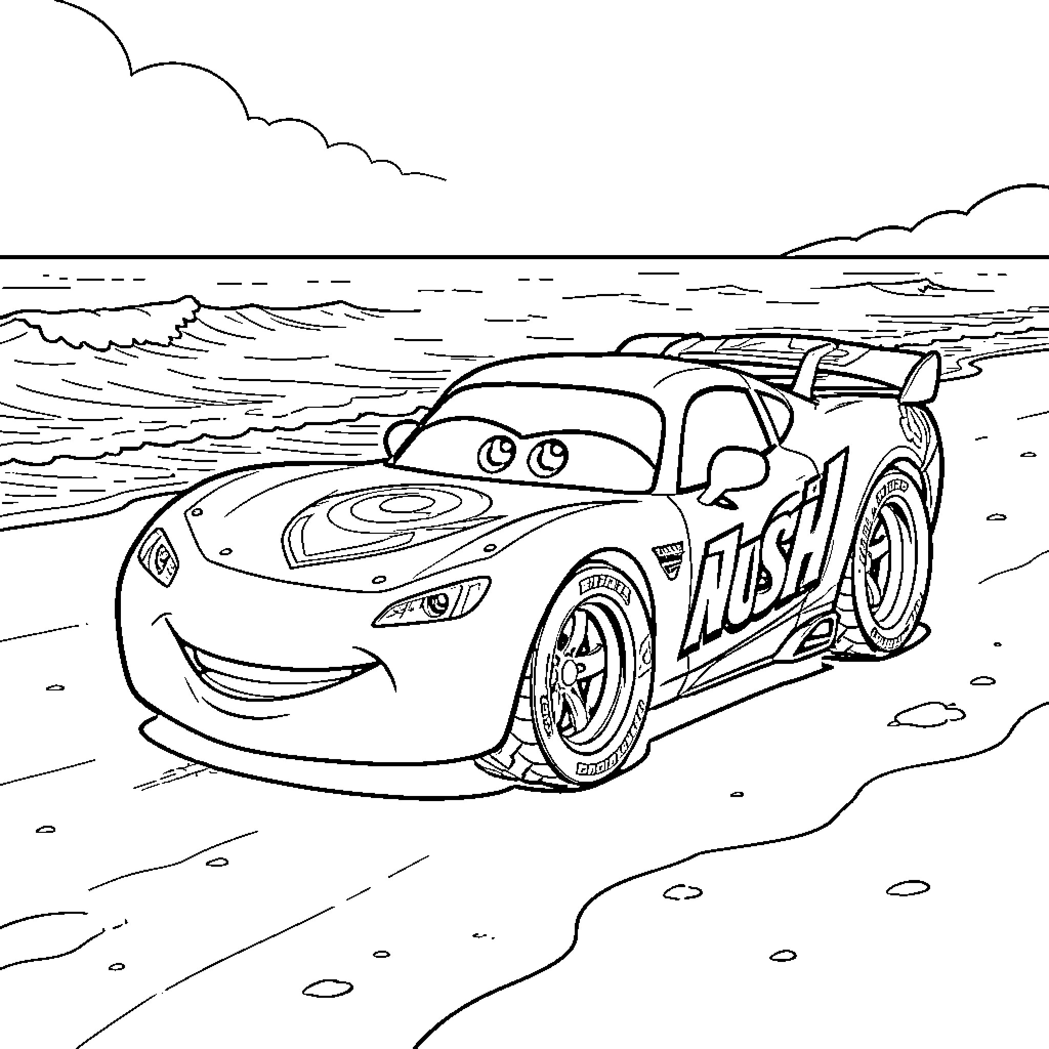 Flash McQueen smiling while parked on the beach Coloring Page (free black-and-white line drawing printable PDF for all, from beginners to advanced learners, including children, teens, adults, and seniors)