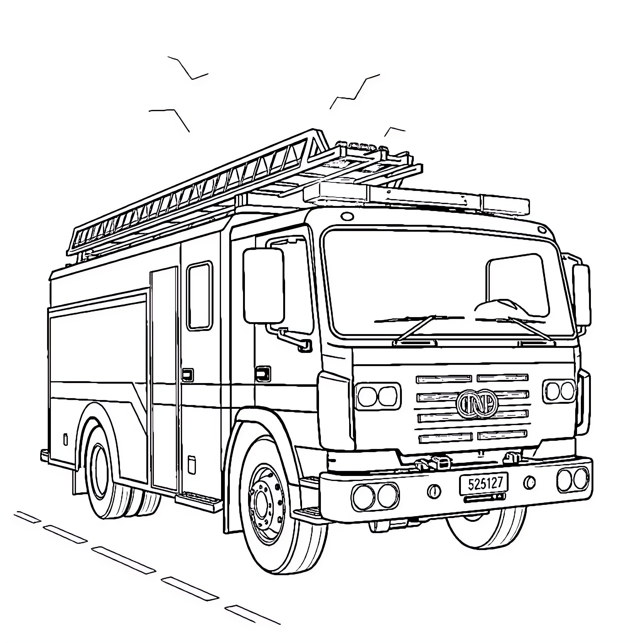 Fire Truck rushing to an emergency scene Coloring Page (free black-and-white line drawing printable PDF for all, from beginners to advanced learners, including children, teens, adults, and seniors)