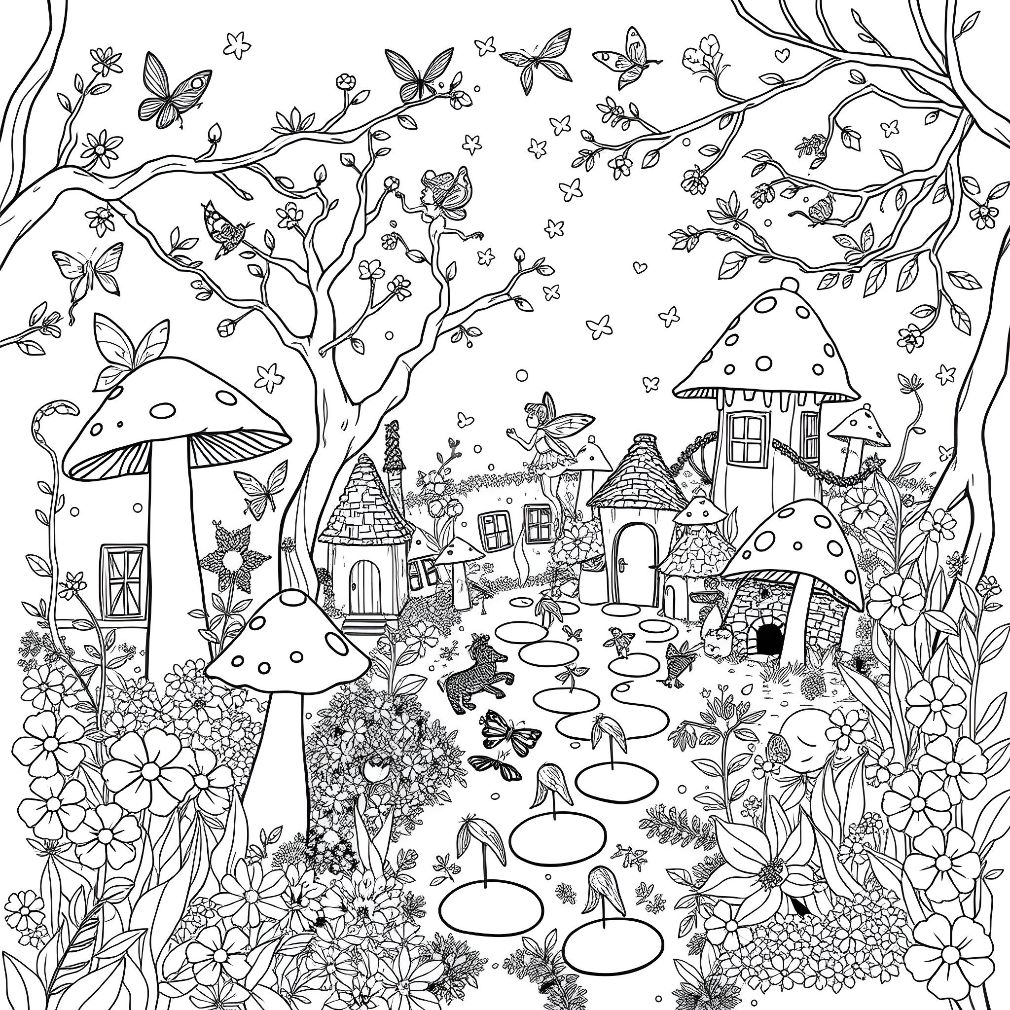Garden of Whimsical Mushroom Cottages and Butterflies Coloring Page (free black-and-white line drawing printable PDF for all, from beginners to advanced learners, including children, teens, adults, and seniors)