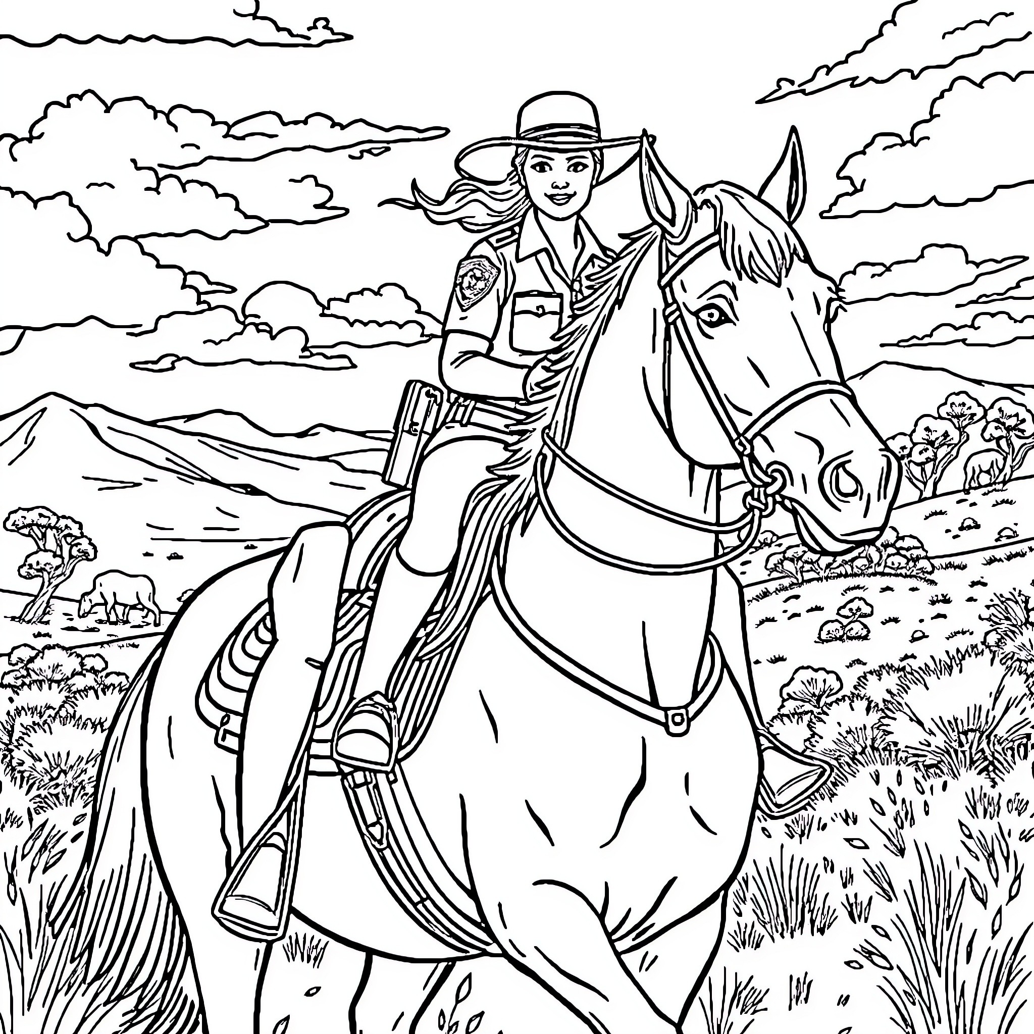 Policewoman patrolling on horseback in the countryside Coloring Page (free black-and-white line drawing printable PDF for all, from beginners to advanced learners, including children, teens, adults, and seniors)