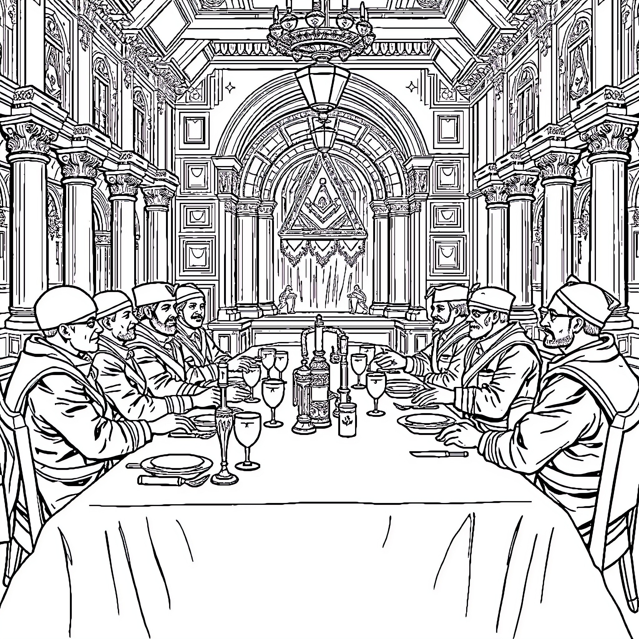 Freemasons Gathering in Ornate Masonic Hall Coloring Page (free black-and-white line drawing printable PDF for all, from beginners to advanced learners, including children, teens, adults, and seniors)