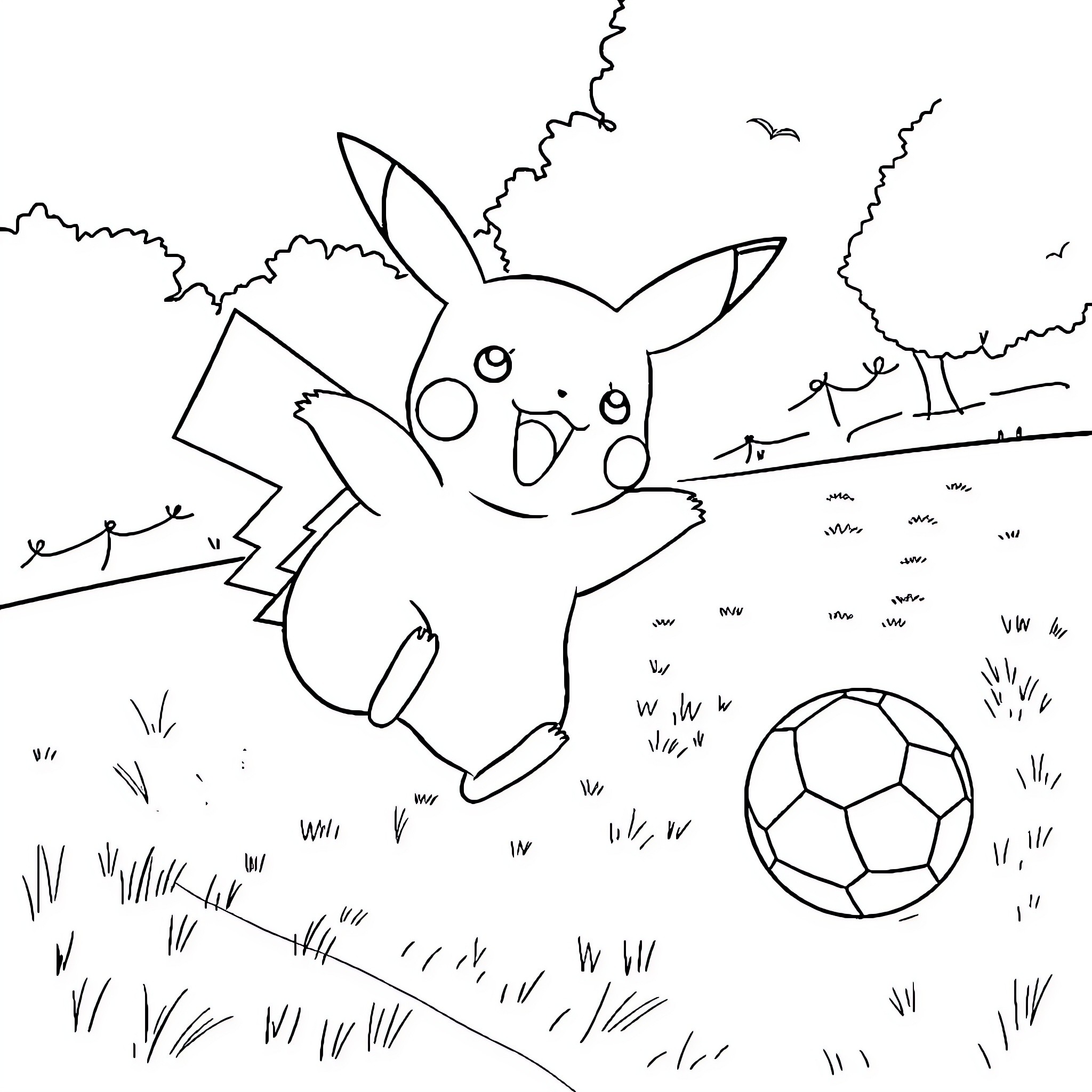 Pikachu playing with soccer ball in the field Coloring Page (free black-and-white line drawing printable PDF for all, from beginners to advanced learners, including children, teens, adults, and seniors)