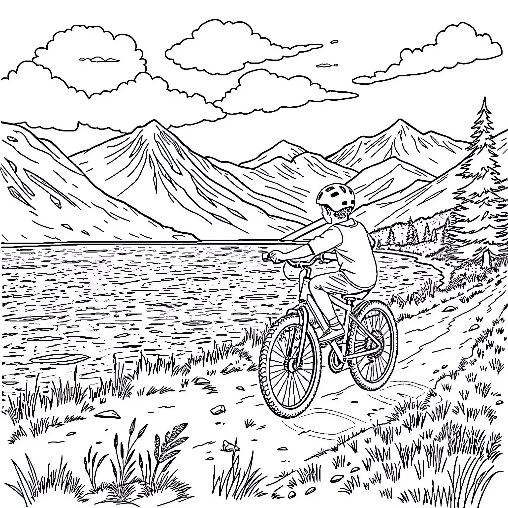 Boy Cycling Amidst Mountain Scenery Coloring Page (free black-and-white line drawing printable PDF for all, from beginners to advanced learners, including children, teens, adults, and seniors)