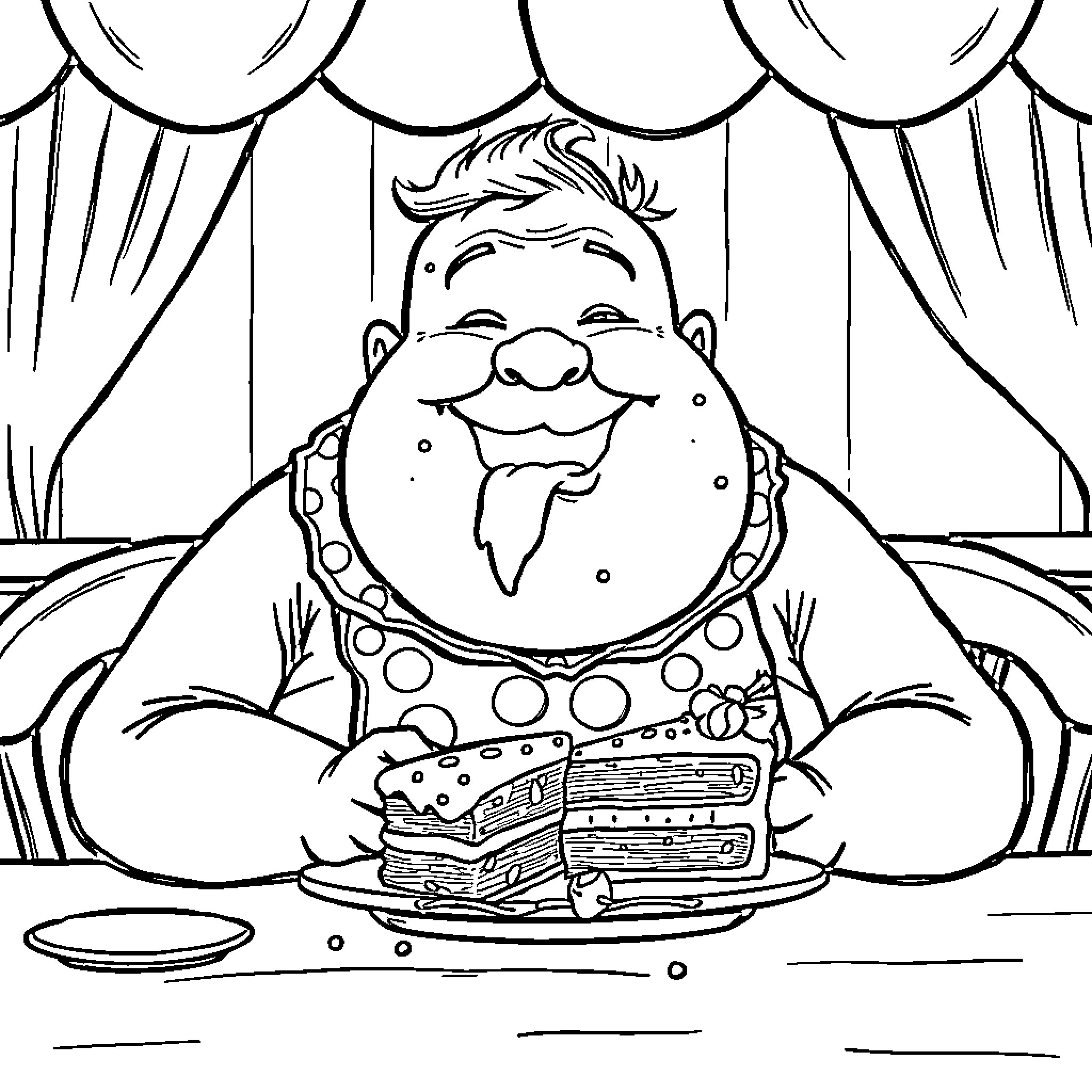 Guy eating a giant burger on stage Coloring Page (free black-and-white line drawing printable PDF for all, from beginners to advanced learners, including children, teens, adults, and seniors)