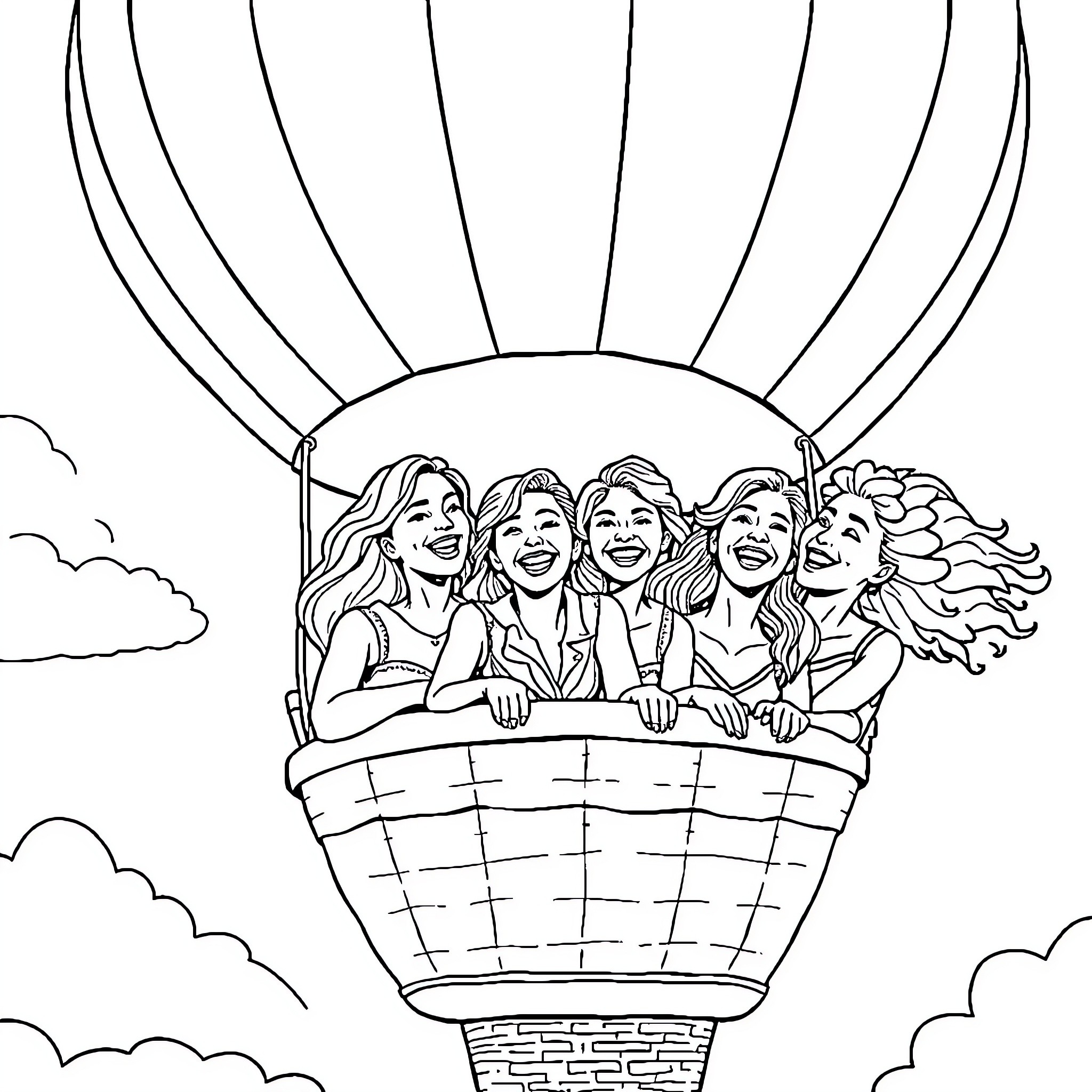 Woman in a hot air balloon with friends Coloring Page (free black-and-white line drawing printable PDF for all, from beginners to advanced learners, including children, teens, adults, and seniors)