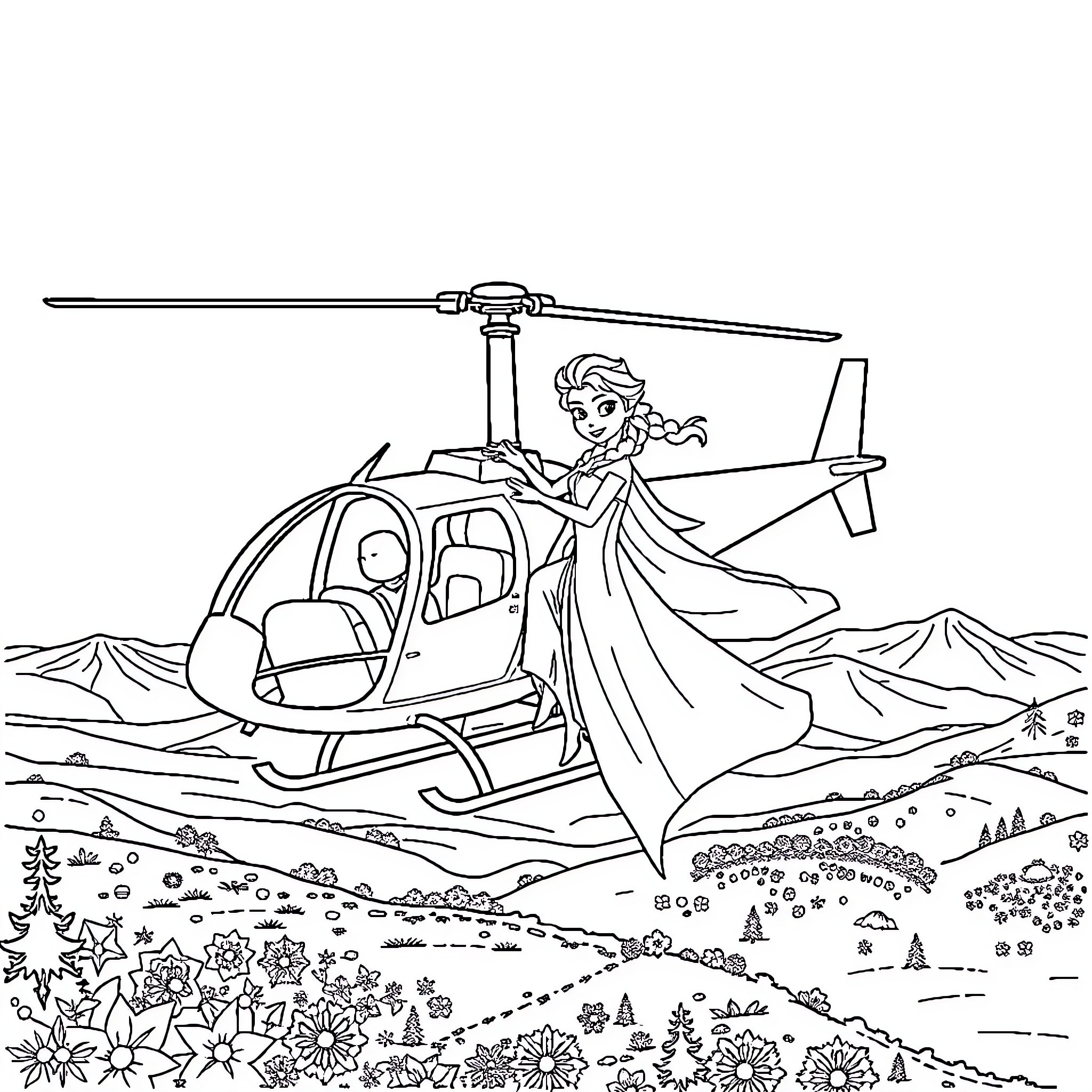 Helicopter carrying a smiling person in a dress Coloring Page (free black-and-white line drawing printable PDF for all, from beginners to advanced learners, including children, teens, adults, and seniors)