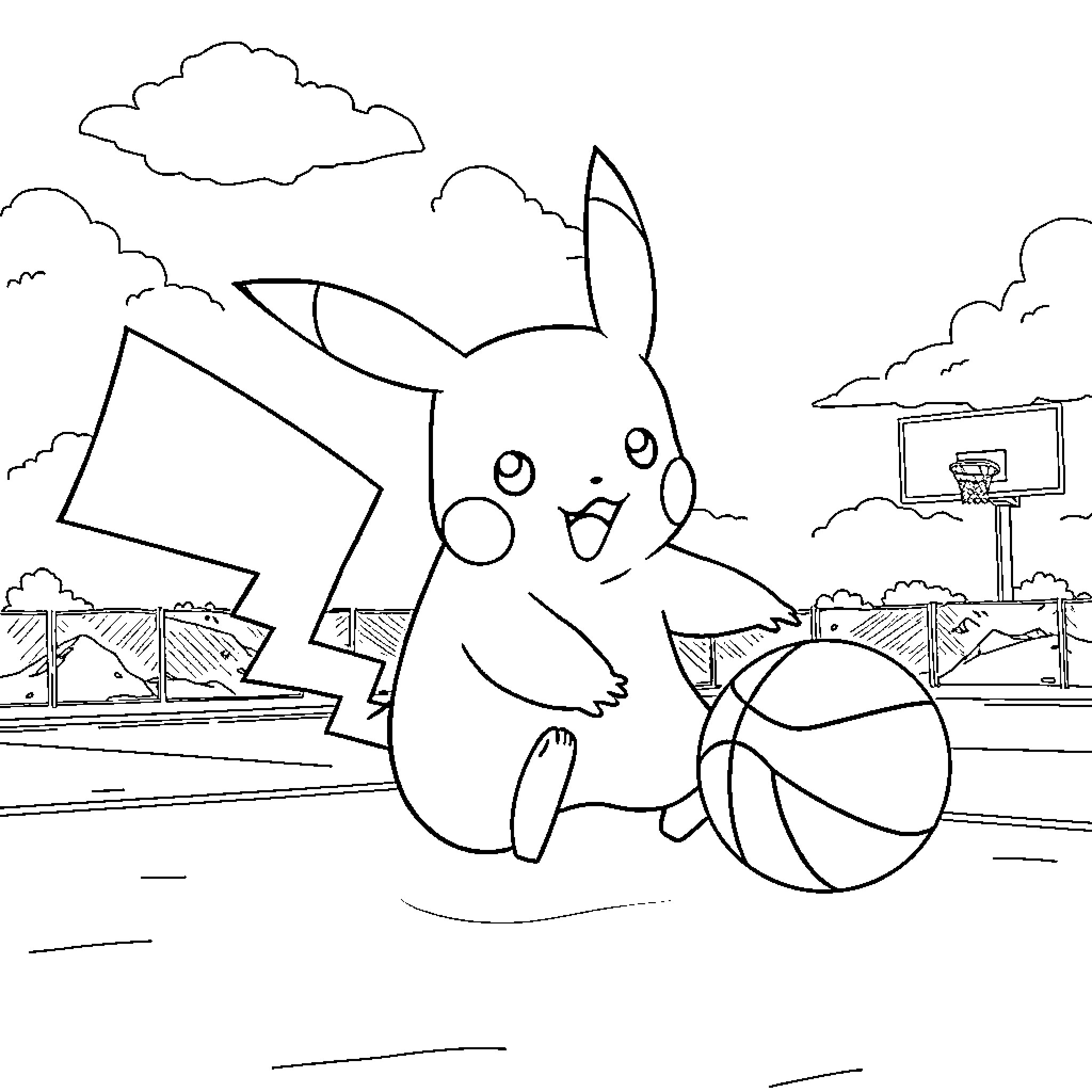 Pikachu playing with a basketball on the playground Coloring Page (free black-and-white line drawing printable PDF for all, from beginners to advanced learners, including children, teens, adults, and seniors)