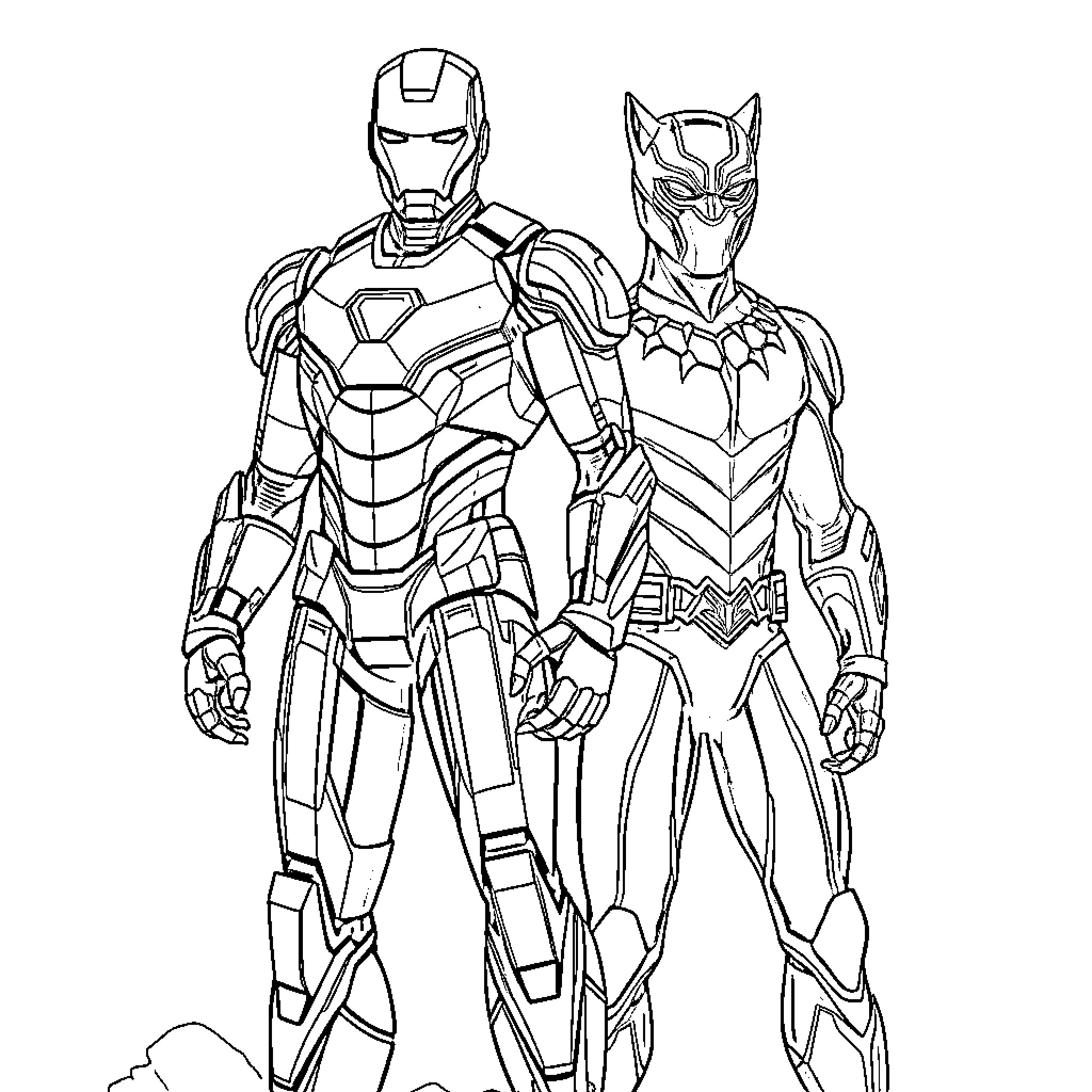 Ironman and Superhero in Combat Attire Coloring Page (free black-and-white line drawing printable PDF for all, from beginners to advanced learners, including children, teens, adults, and seniors)