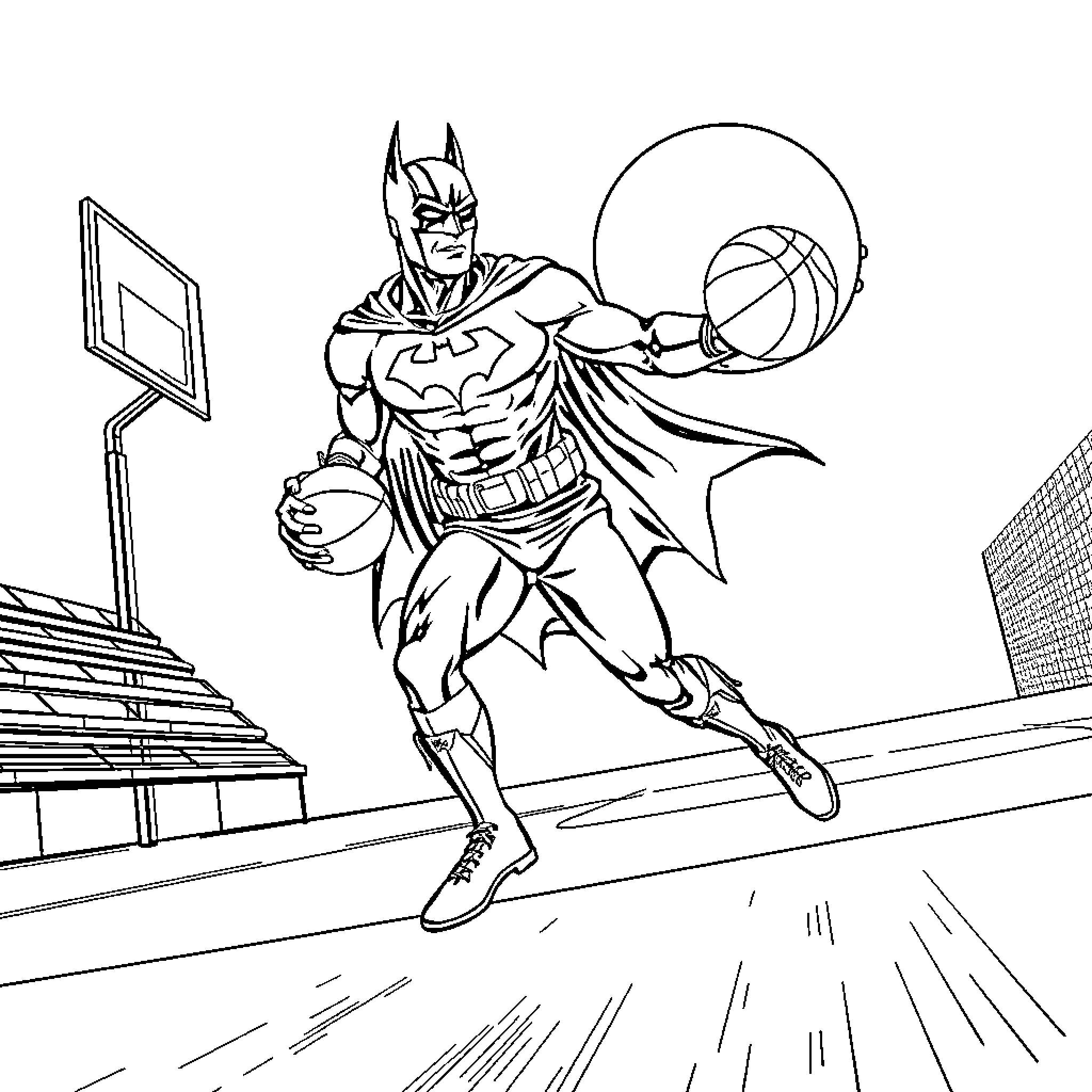 Batman Dribbling Basketball on Court Coloring Page (free black-and-white line drawing printable PDF for all, from beginners to advanced learners, including children, teens, adults, and seniors)