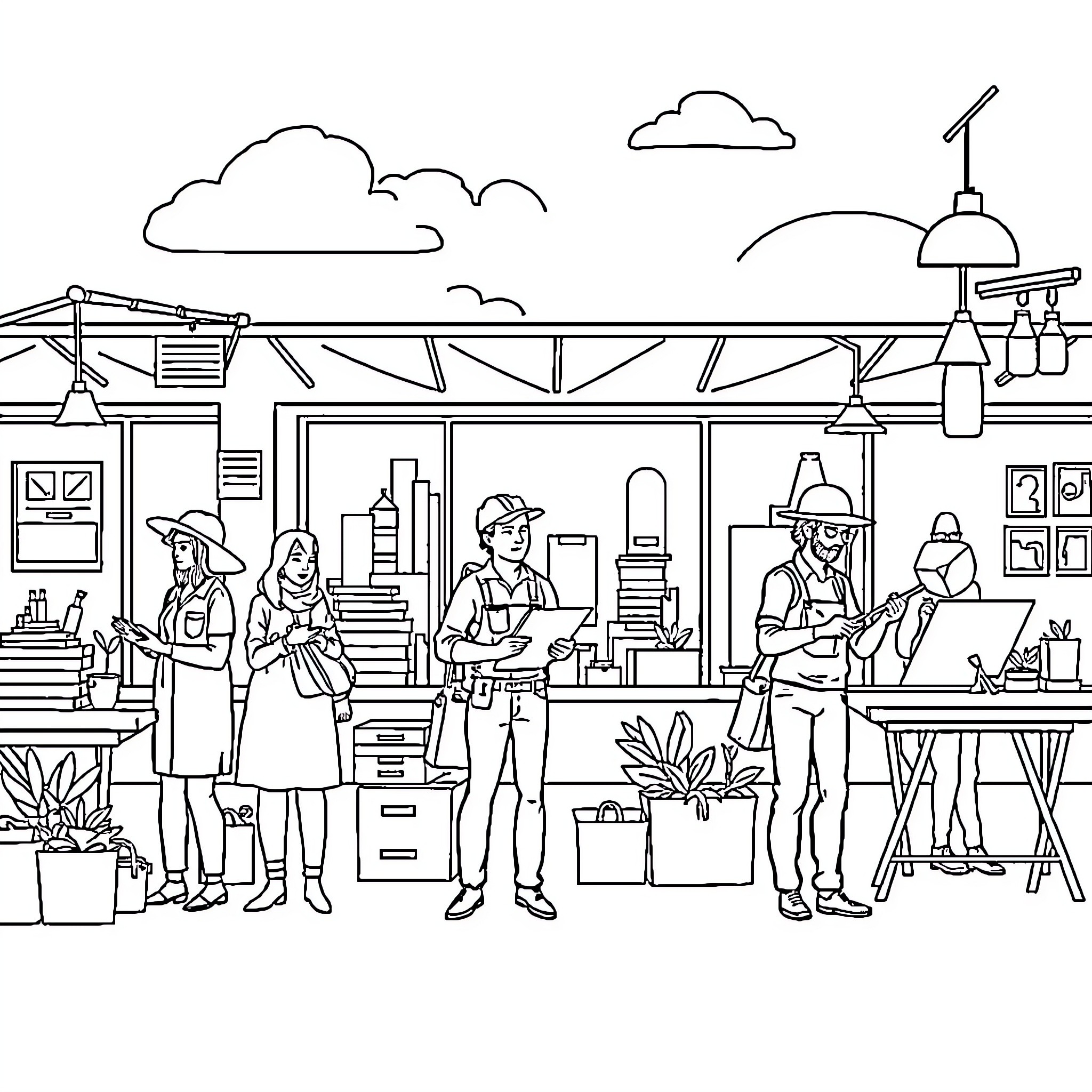 Persona: People working in a creative studio space Coloring Page (free black-and-white line drawing printable PDF for all, from beginners to advanced learners, including children, teens, adults, and seniors)