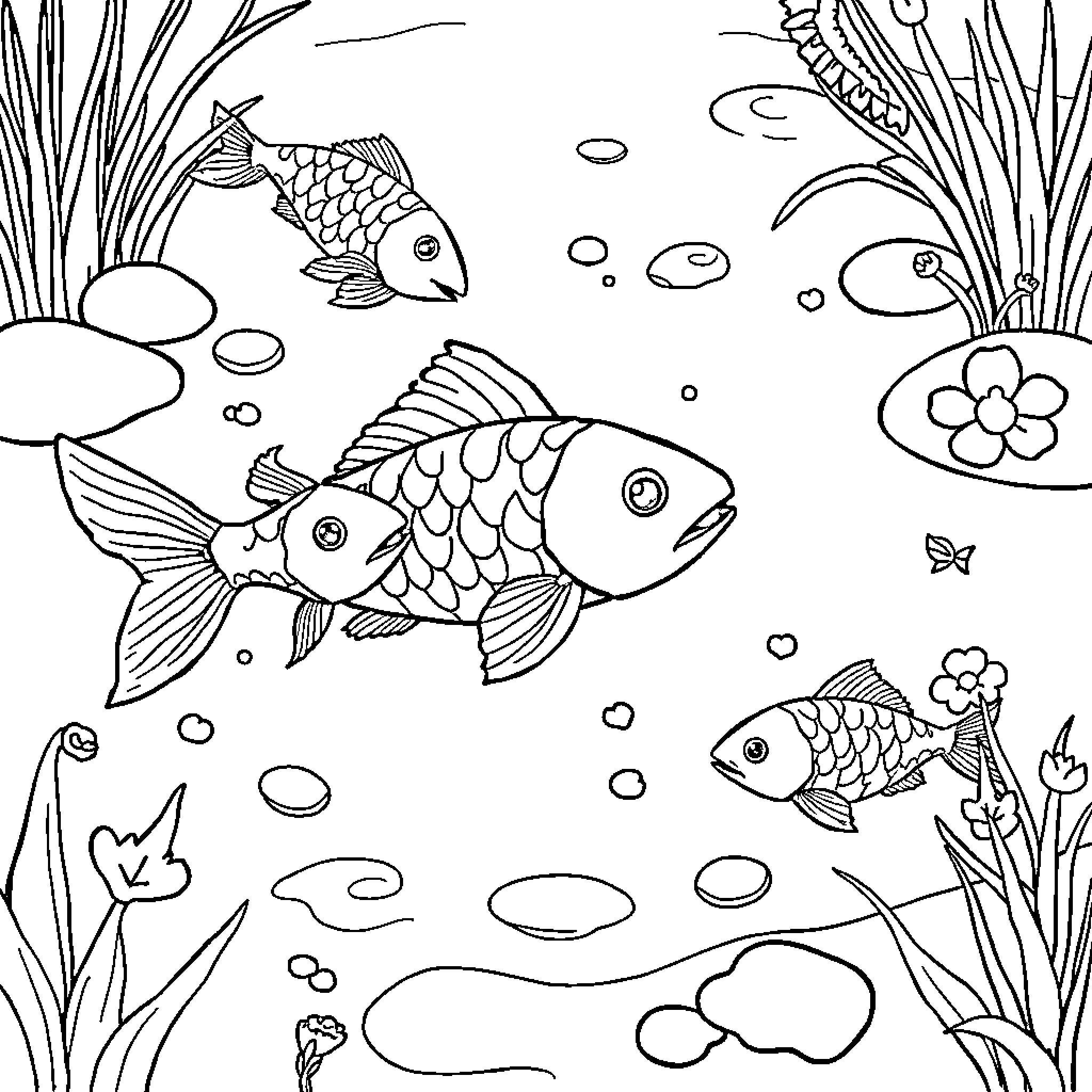 Fish swimming in an underwater scene Coloring Page (free black-and-white line drawing printable PDF for all, from beginners to advanced learners, including children, teens, adults, and seniors)