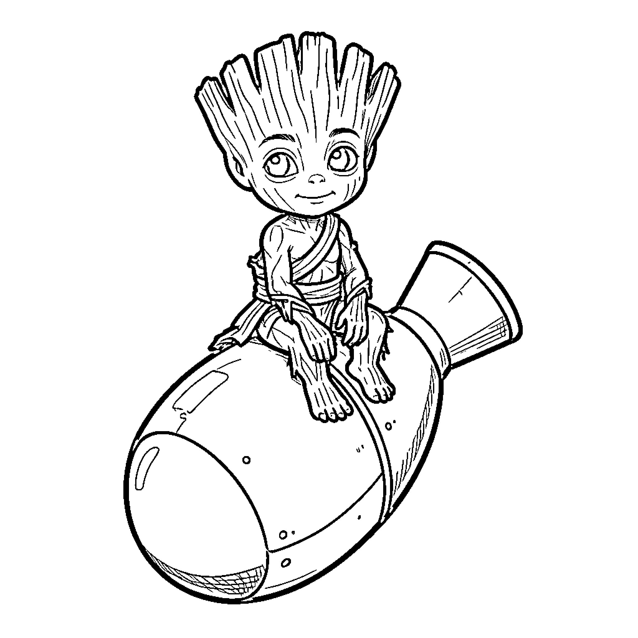 Baby Groot sitting curiously atop a large object Coloring Page (free black-and-white line drawing printable PDF for all, from beginners to advanced learners, including children, teens, adults, and seniors)