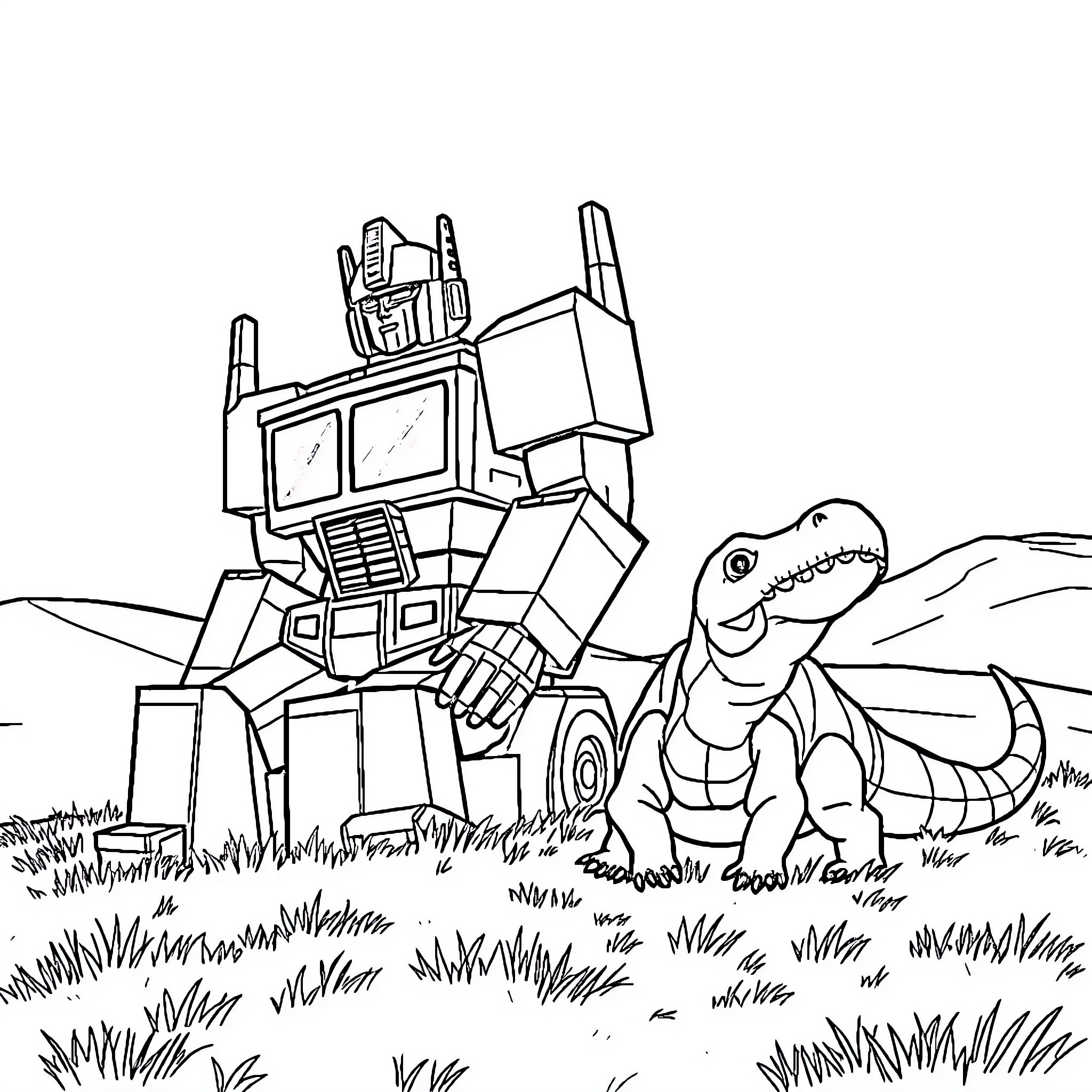 Optimus Prime confronts a giant serpent in the field Coloring Page (free black-and-white line drawing printable PDF for all, from beginners to advanced learners, including children, teens, adults, and seniors)